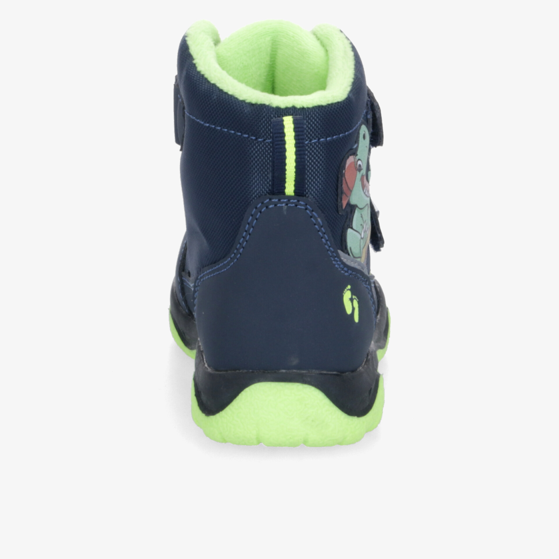 Rückansicht eines robusten Schuhs mit gepolstertem Schaft und reflektierenden Elementen für optimale Sichtbarkeit