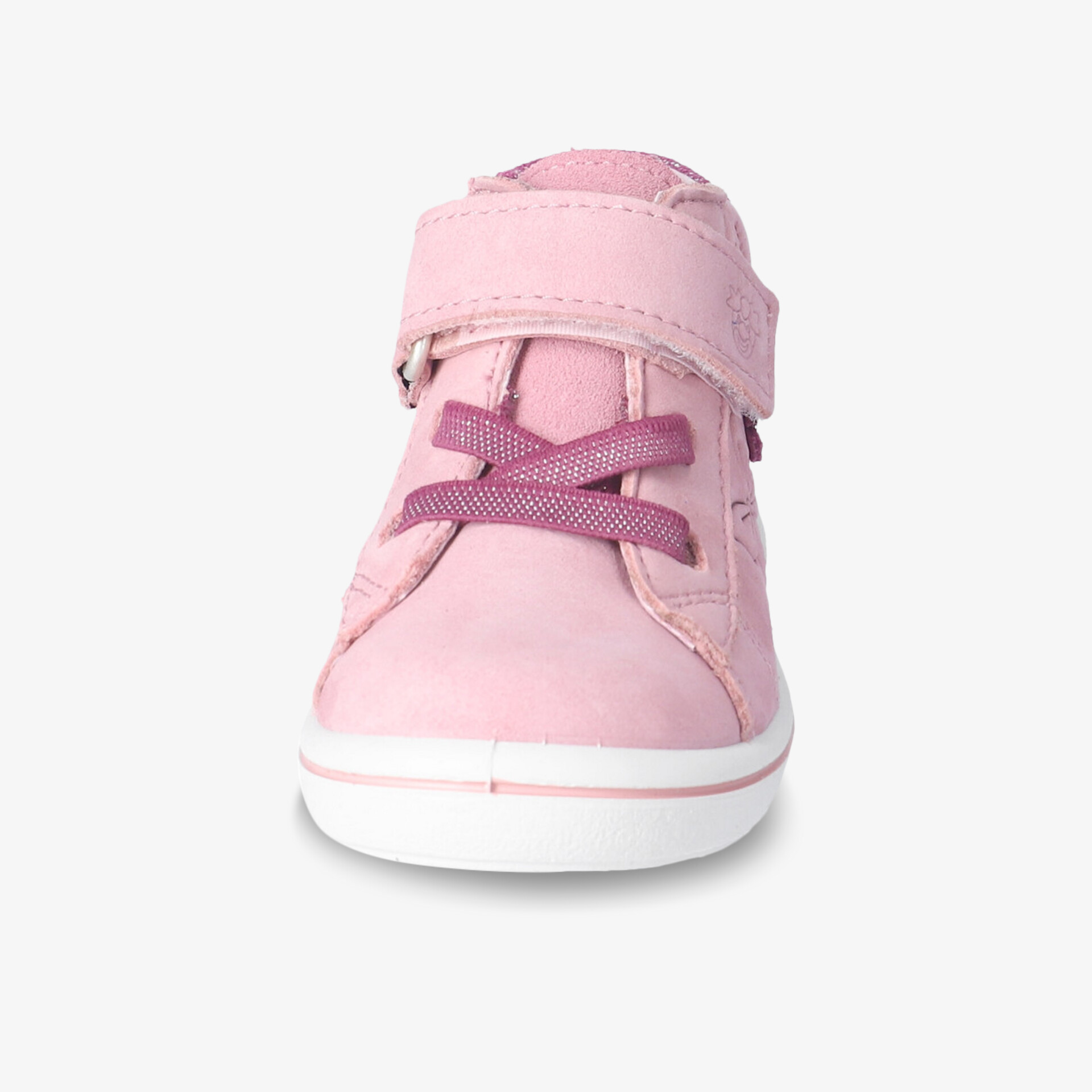 Rosa Sneaker mit praktischem Klettverschluss und violetten Schnürsenkeln für bequemen und modischen Look.