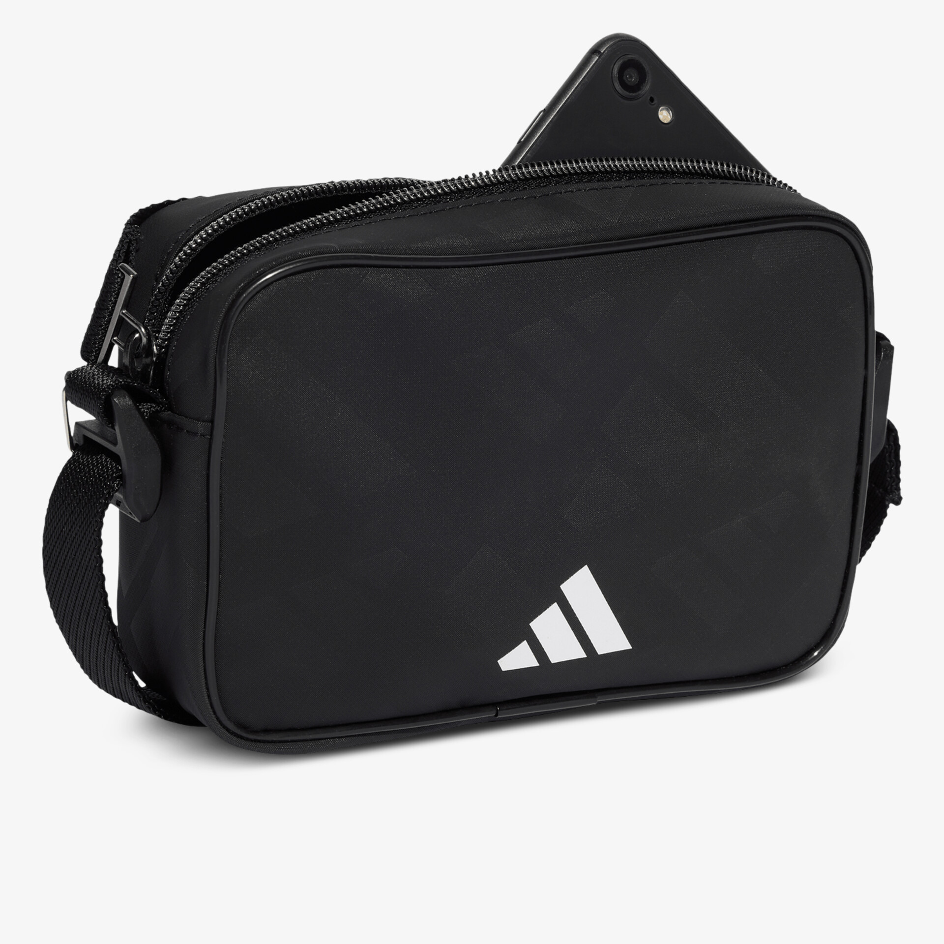 Schwarze kompakte Umhängetasche mit verstellbarem Riemen und sportlichem Logo, robust und praktisch