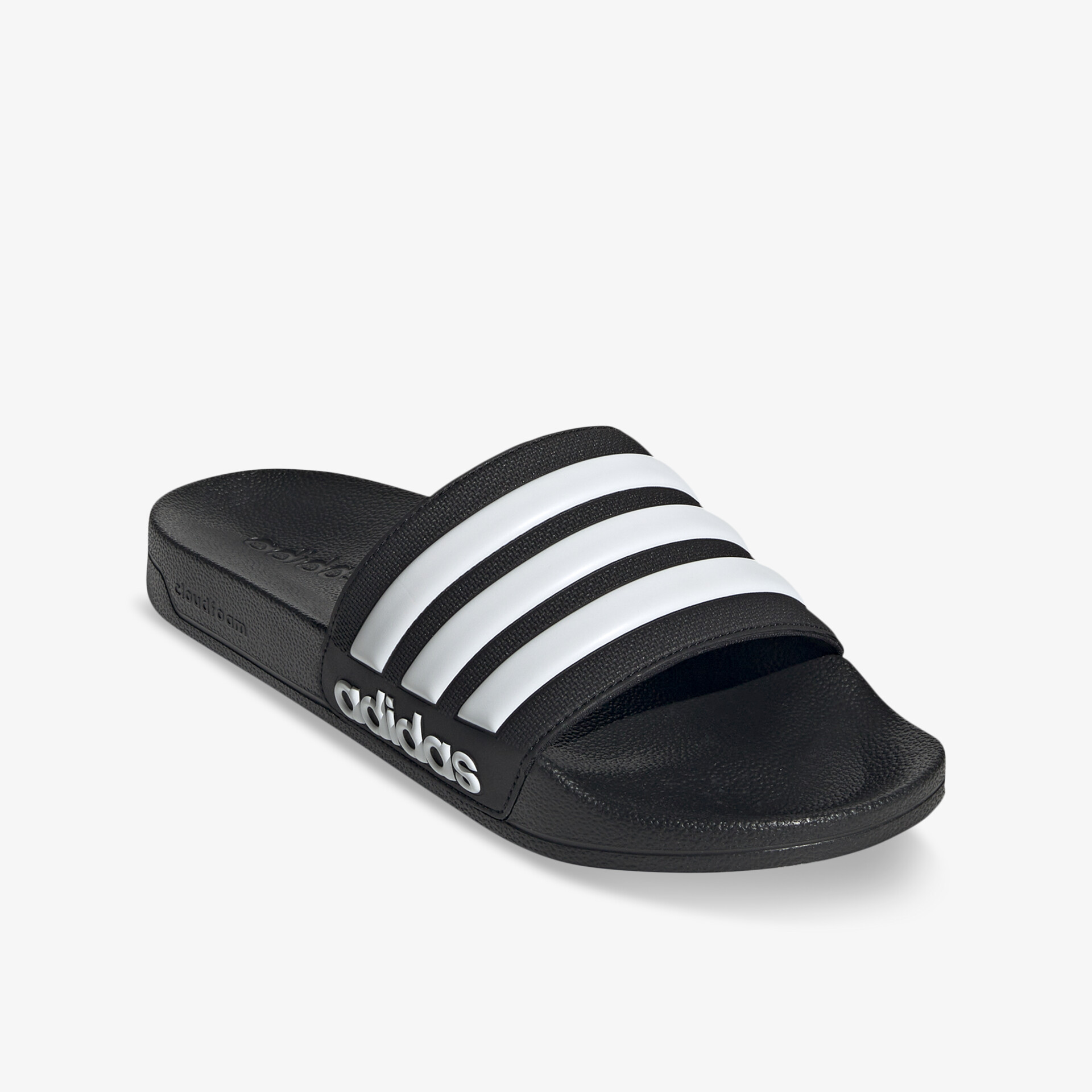 Schwarze adidas Badelatsche mit weißen Streifen, bequem, leicht, rutschfeste Sohle, sportliches Design