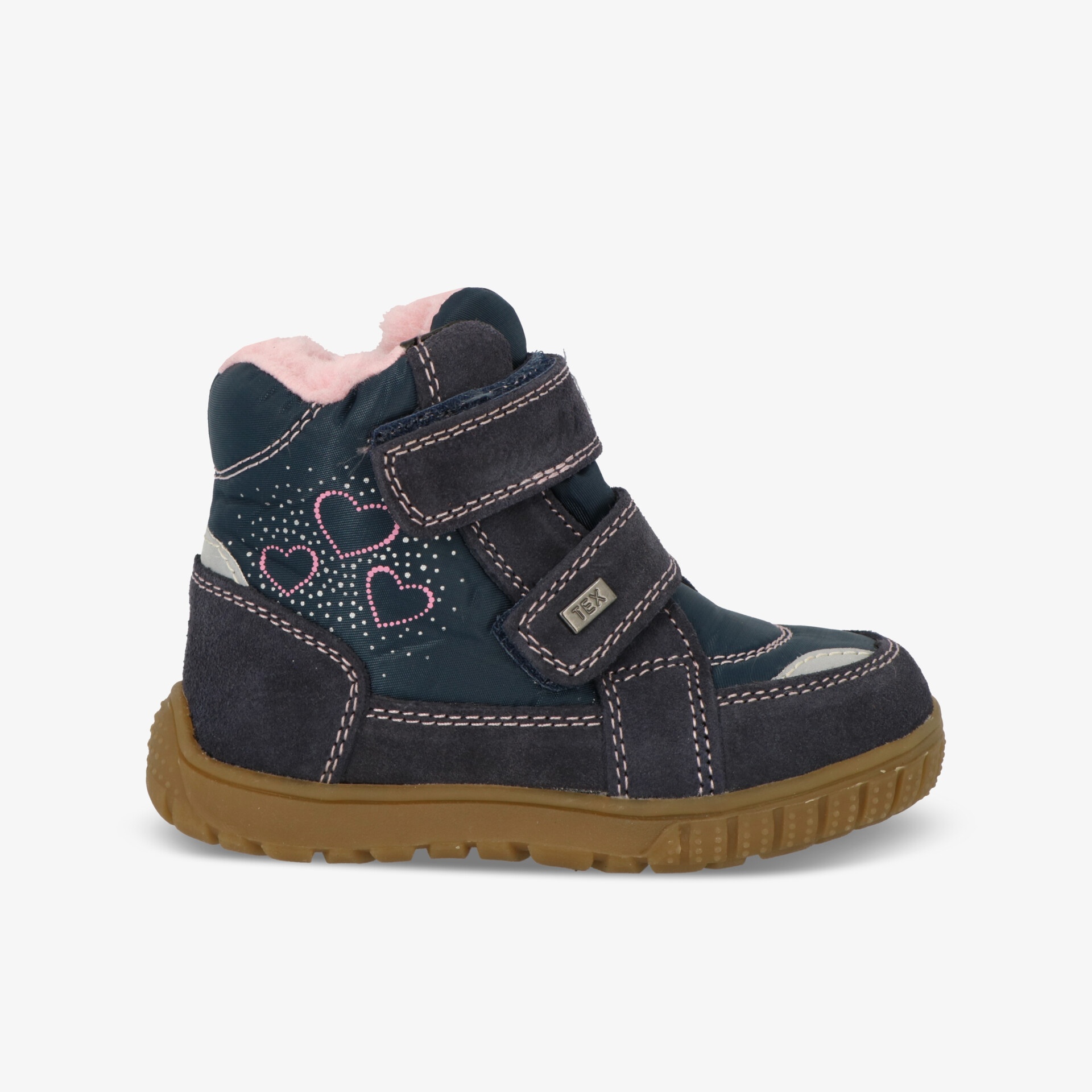 Bequemer, rutschfester Schuh mit Herzdesign und verstellbarem Klettverschluss, ideal für aktiven Alltag.