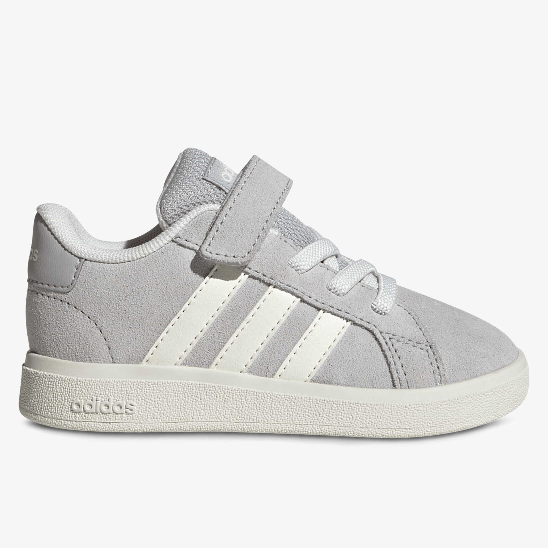 Grauer Adidas Sneaker mit Klettverschluss und weißen Streifen, sportlich und bequem gestaltet