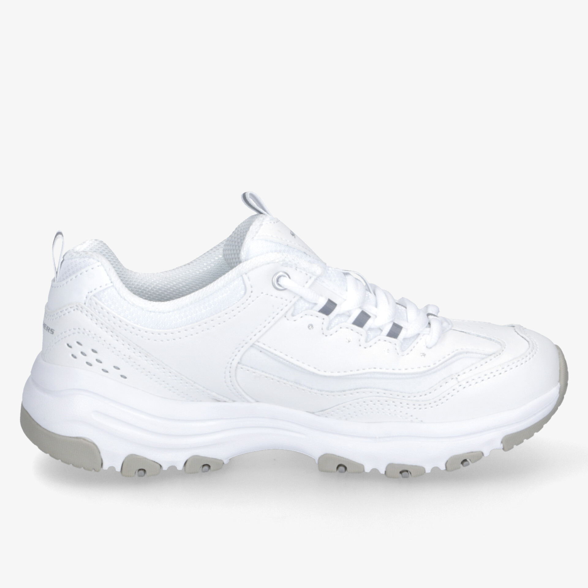 Weißer Sneaker in seitlicher Ansicht mit gepolstertem Schaft und robustem Sohlenprofil, ideal für Komfort und Bewegung