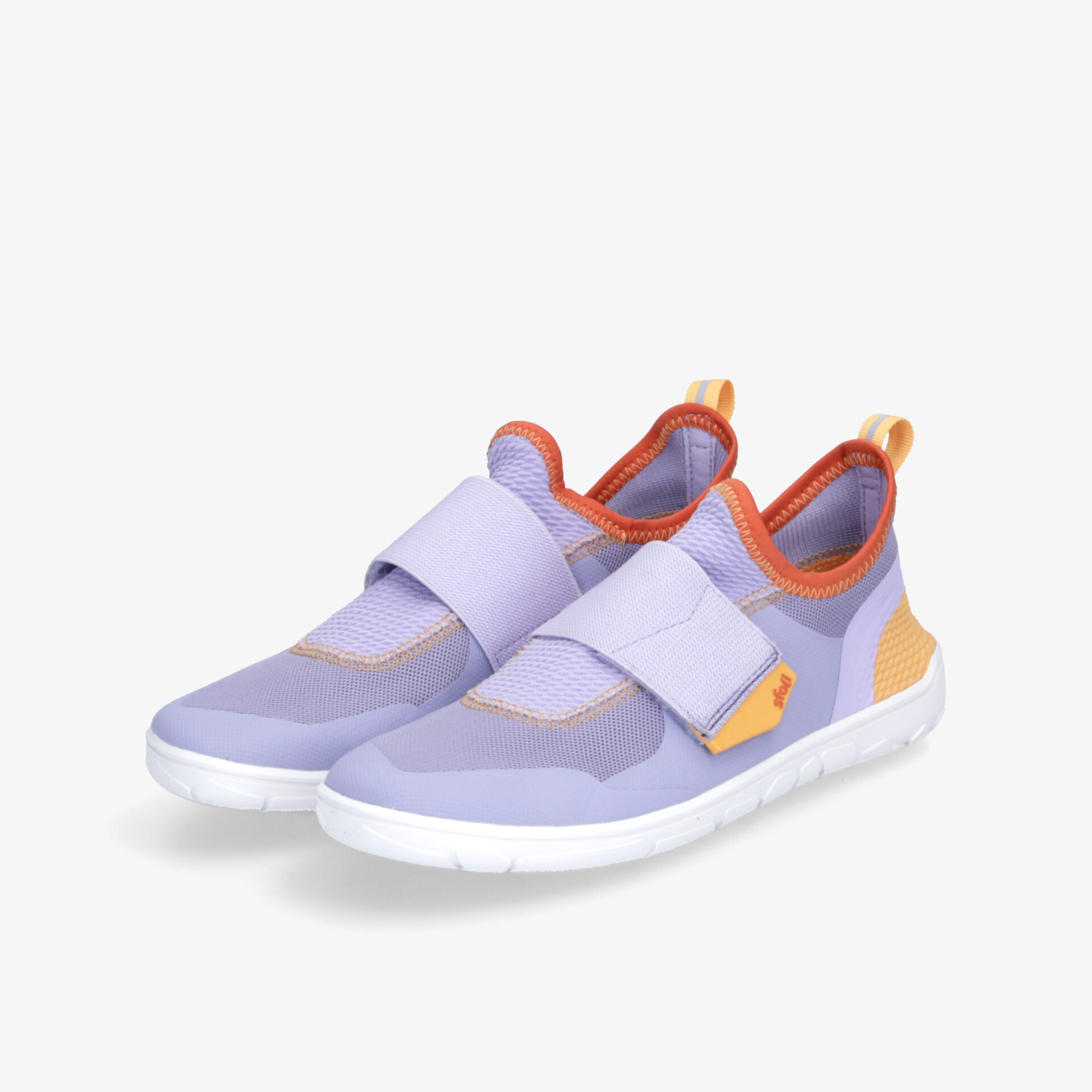 Leichter sportlicher Sneaker in lila und orange mit elastischem Riemen und flexibler weißer Sohle