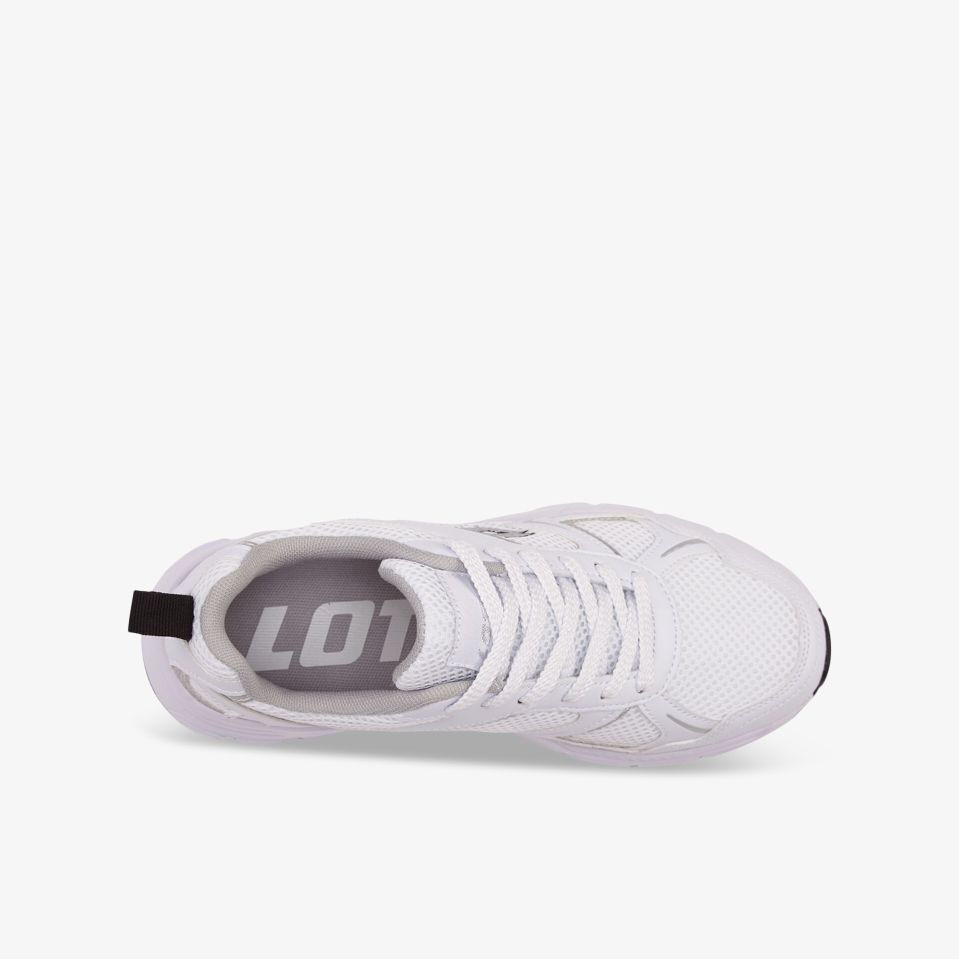 Weißer sportlicher Sneaker mit Schnürung, atmungsaktiv und bequem, Draufsicht auf den Schuh