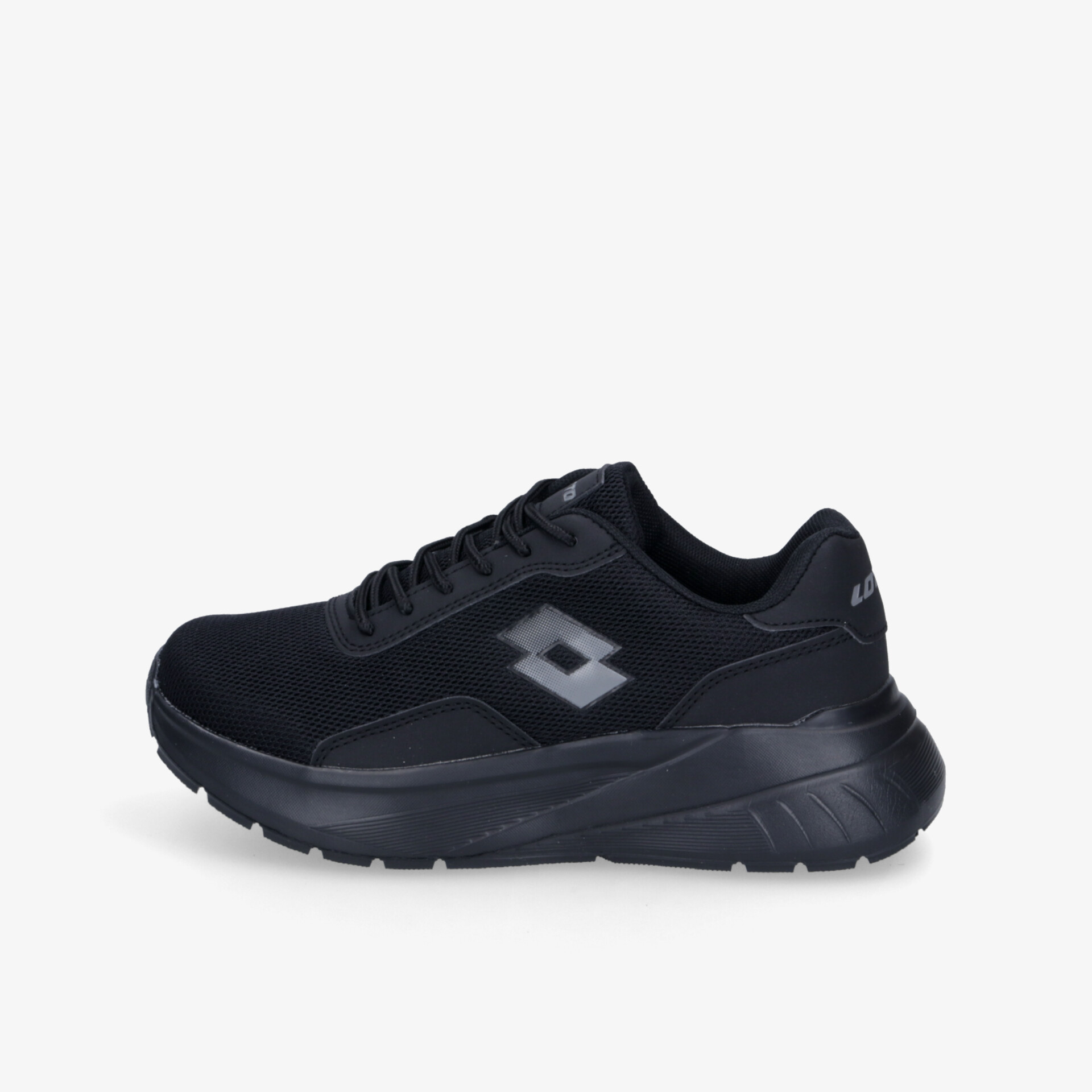 Schwarzer leichter Sportschuh mit robuster Sohle und bequemer Passform, moderner sportlicher Look, seitliche Ansicht