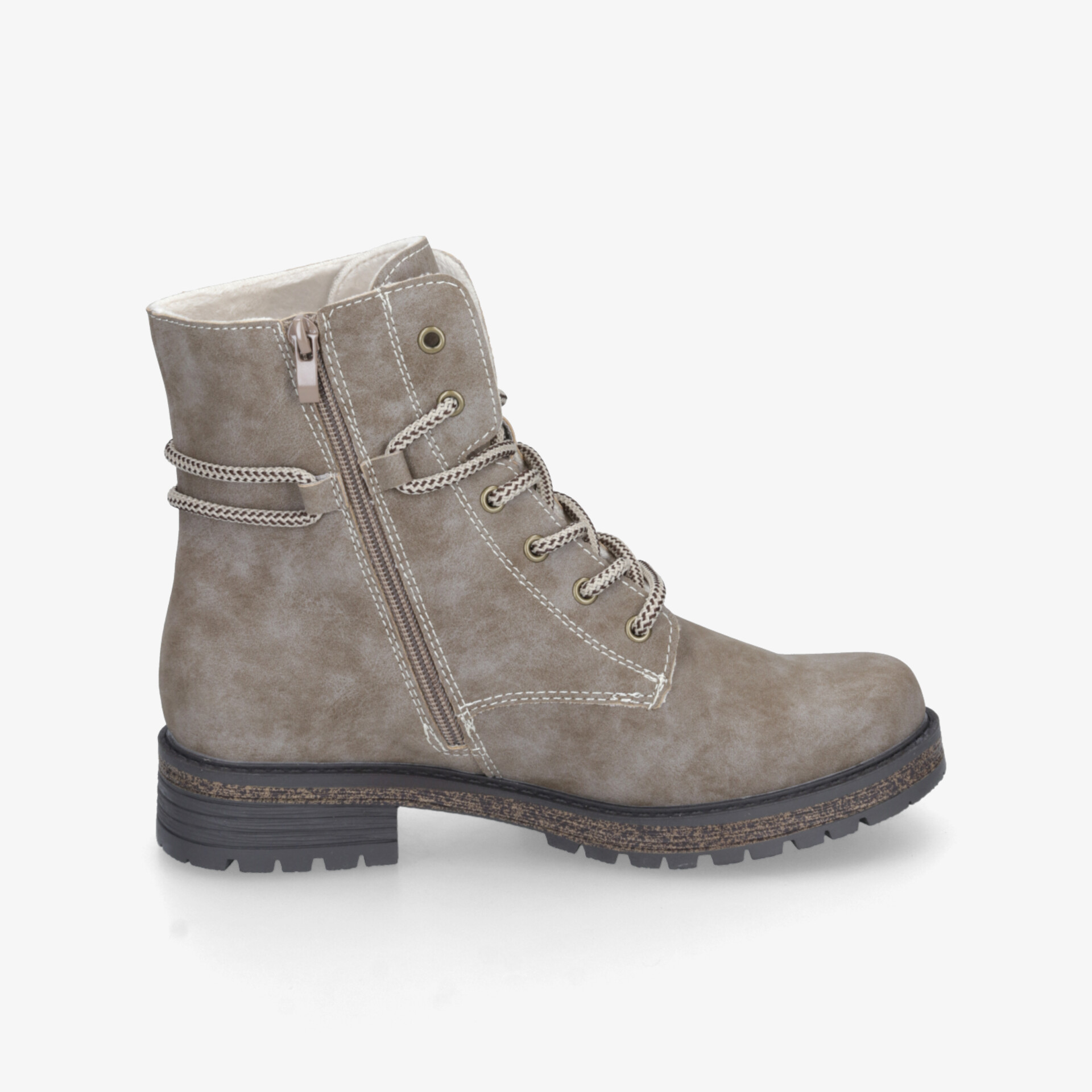 Grauer robuster Stiefel mit Schnürung und Reißverschluss, komfortabel und mit rutschfester Sohle