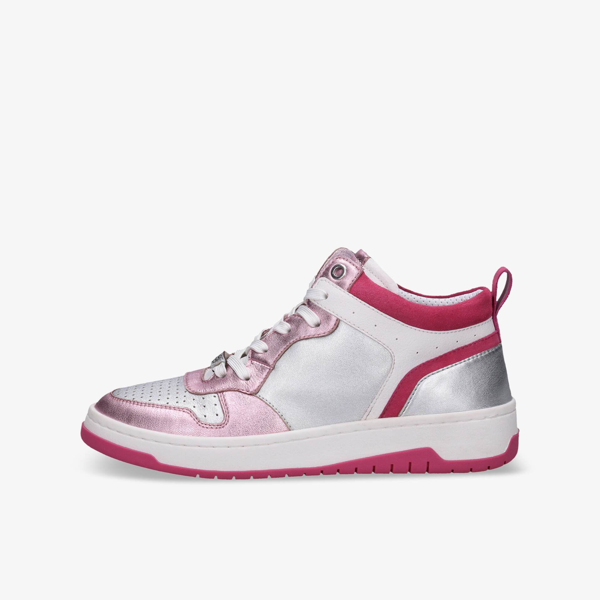 Modischer pink-silberner Sneaker mit weißer Basis und robuster Sohle, ideal für stilvolle Auftritte.