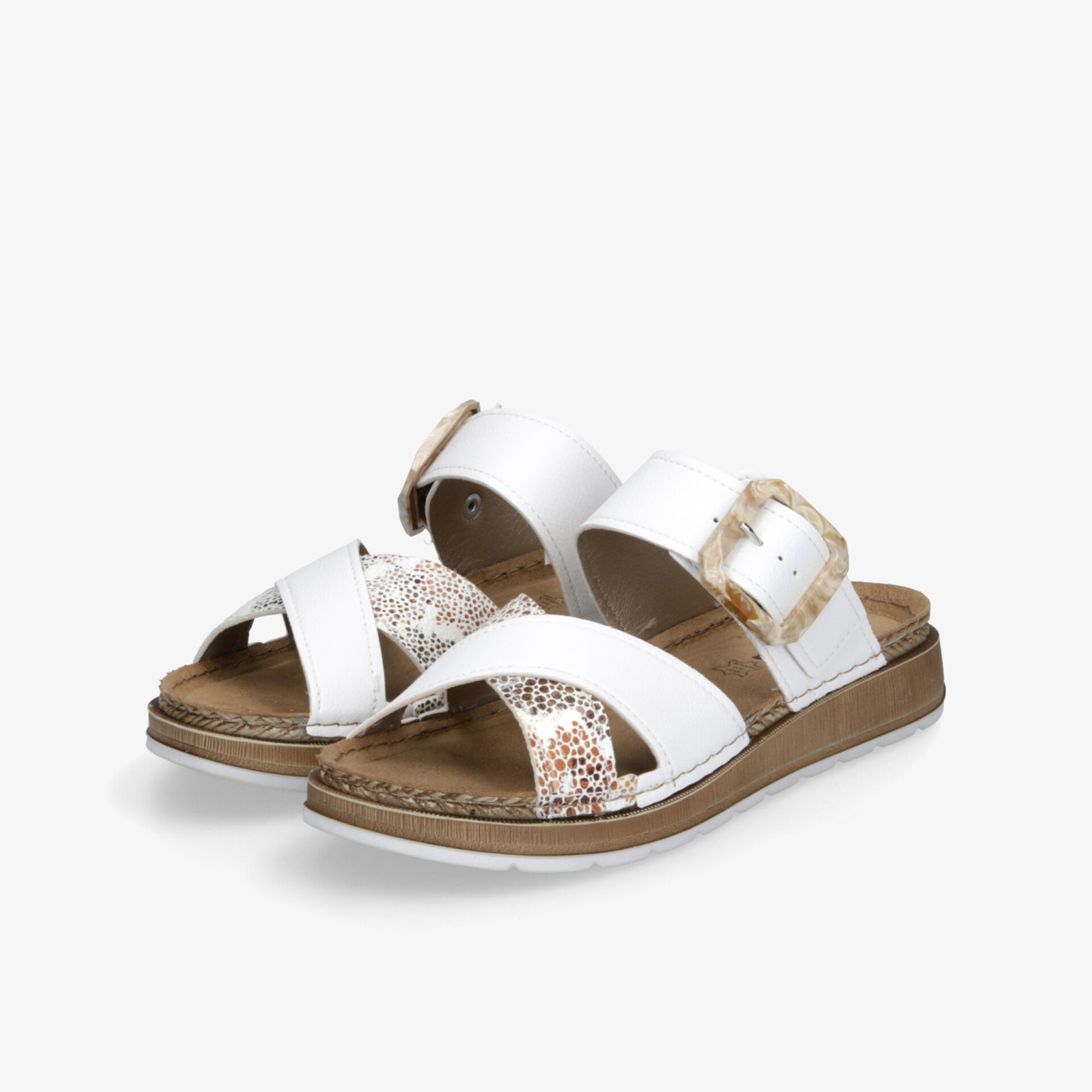 Bequeme weiße Sandalen mit goldener Verzierung, verstellbarem Riemen und rutschfester Sohle für hohen Tragekomfort