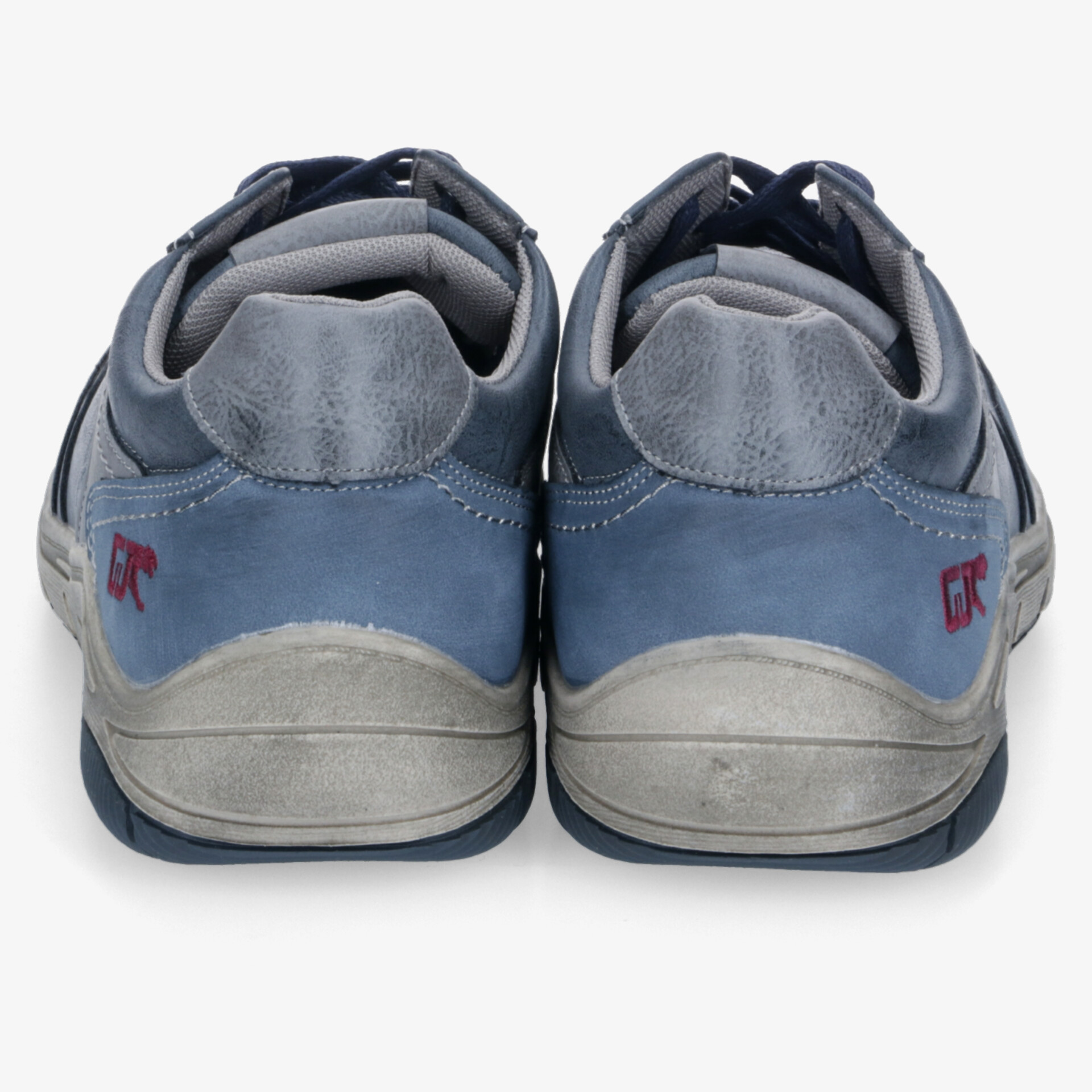 Rückansicht von robusten blauen und grauen Schuhen mit gepolsterter Ferse und stabiler Sohle