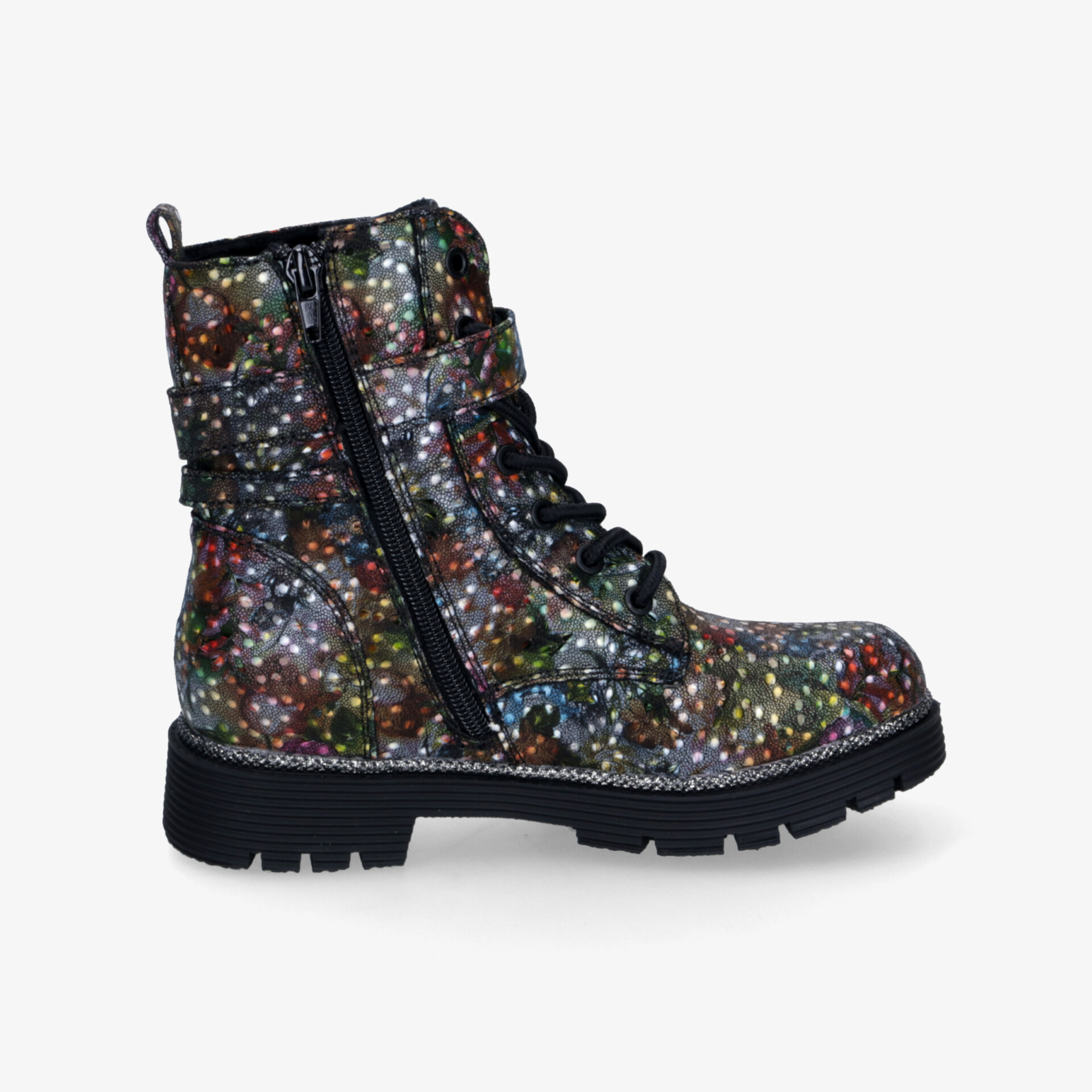Bunt gepunkteter robuster Kampfstiefel mit Reißverschluss und Schnürung, profilierte Gummisohle für optimalen Halt