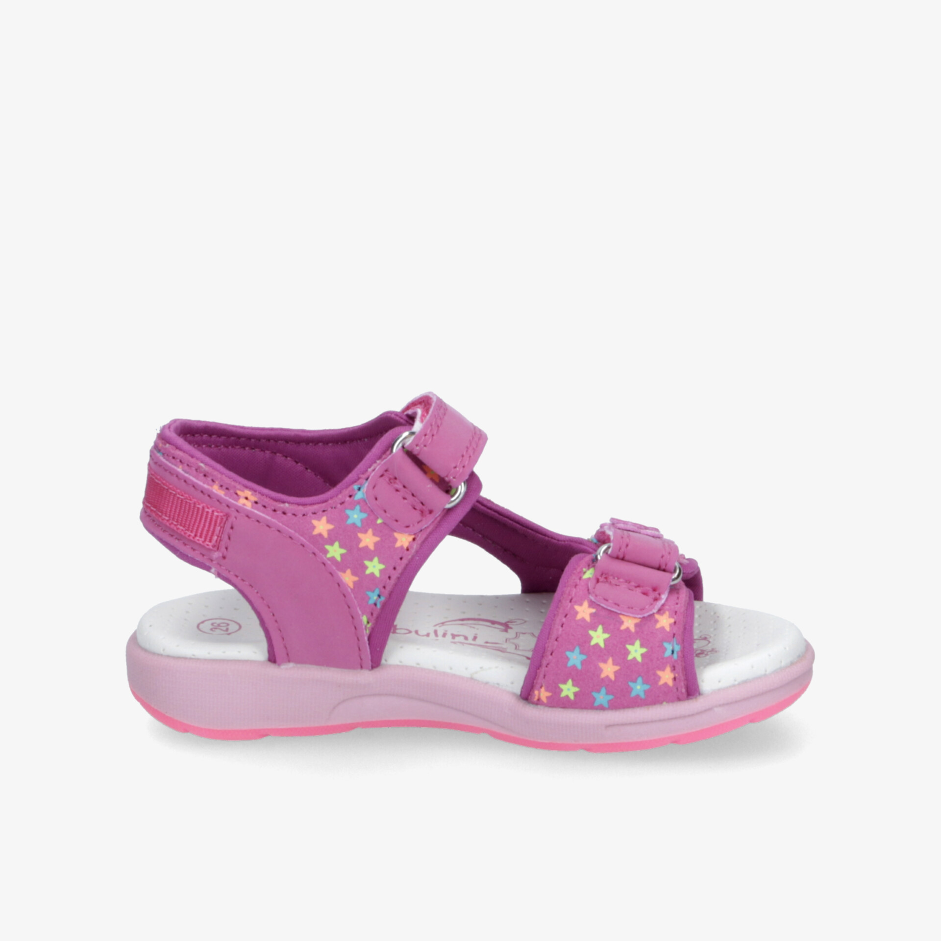 Bequeme pinke Kinder-Sandale mit bunten Sternchen, verstellbaren Klettverschlüssen und rutschfester Sohle