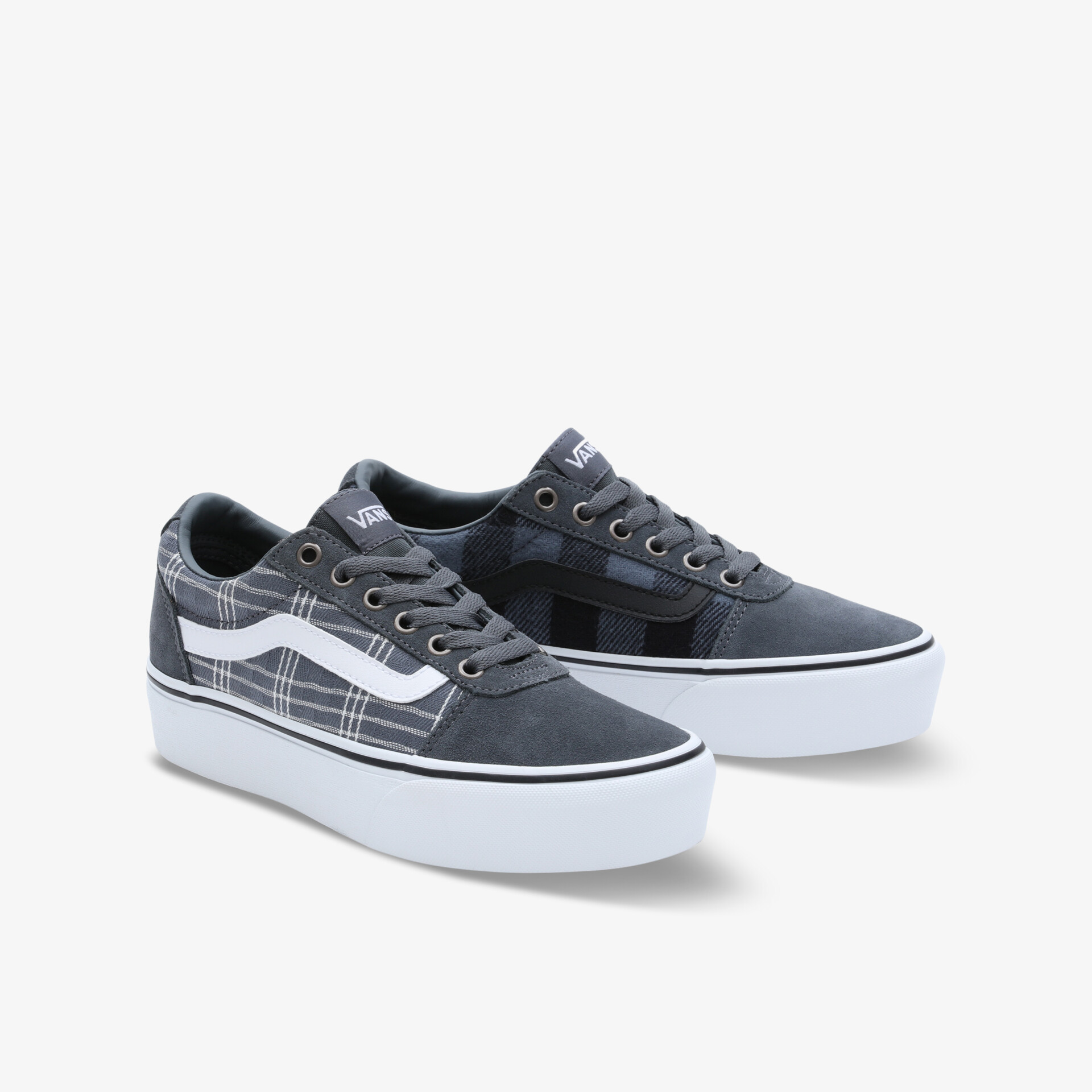 Graue Skateboardschuhe mit klassischem Design und weißer Sohle, ideal für Freizeit und Komfort.