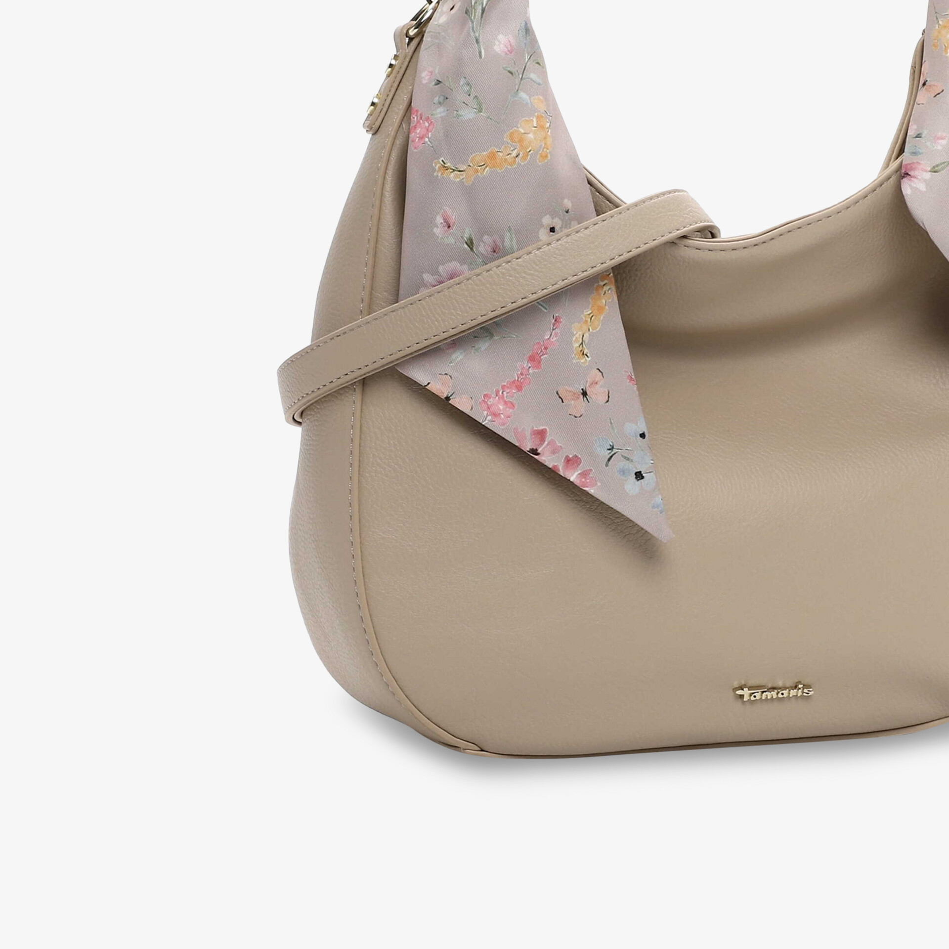 Elegante beige Tasche mit weichem Material und farbigem Tuch am Schulterriemen, ideal für stilbewusste Verwendung