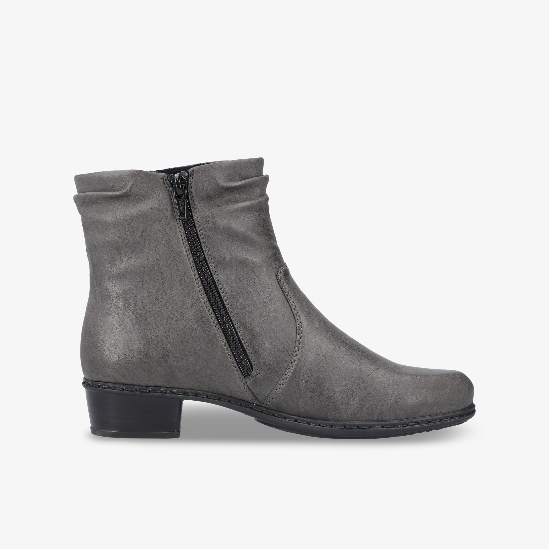 Eleganter grauer Stiefel mit praktischem Reißverschluss, weichem Material und mittelhohem, stabilem Absatz