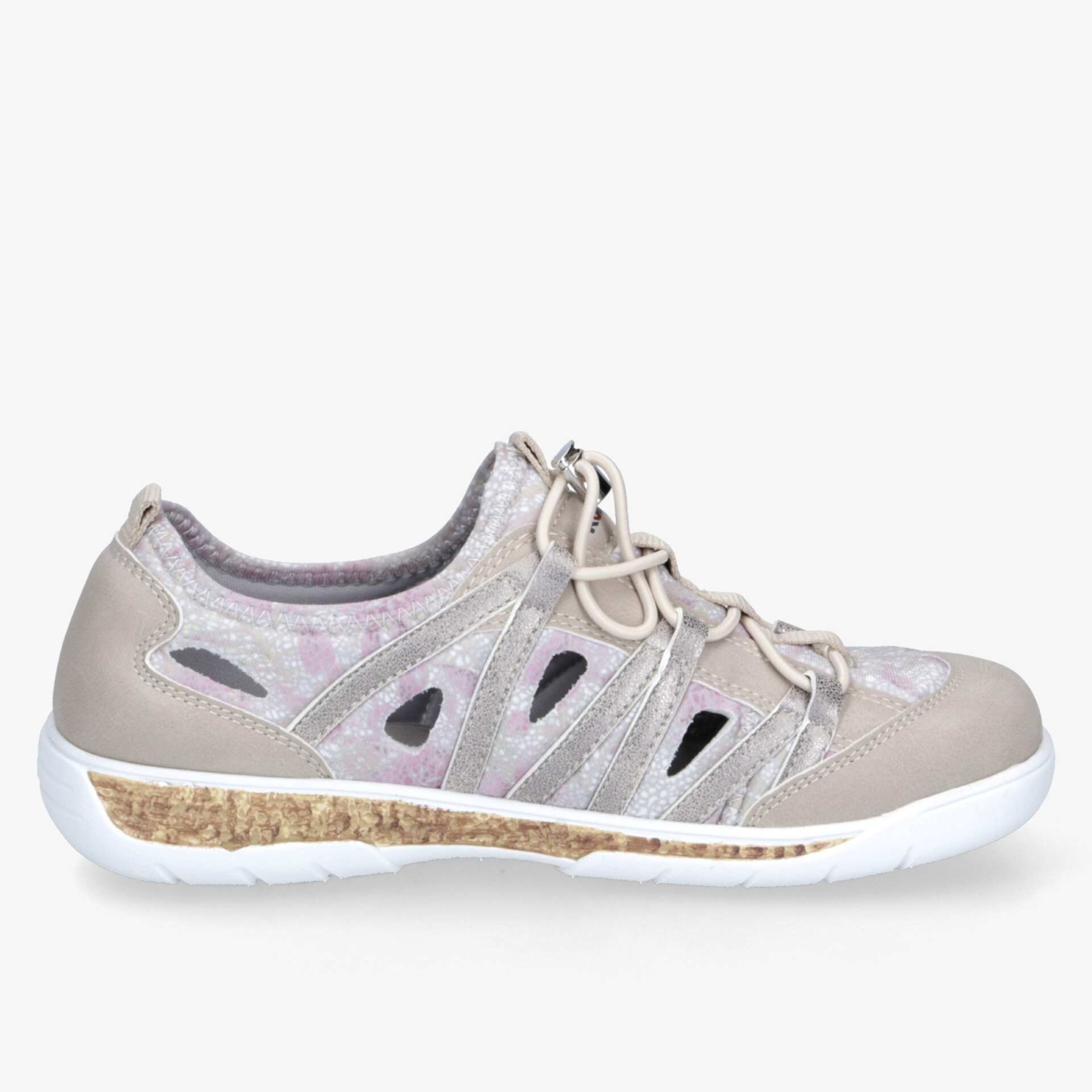 Bequemer, leichter Freizeitschuh mit atmungsaktiven Einsätzen und flexibler Sohle in seitlicher Ansicht