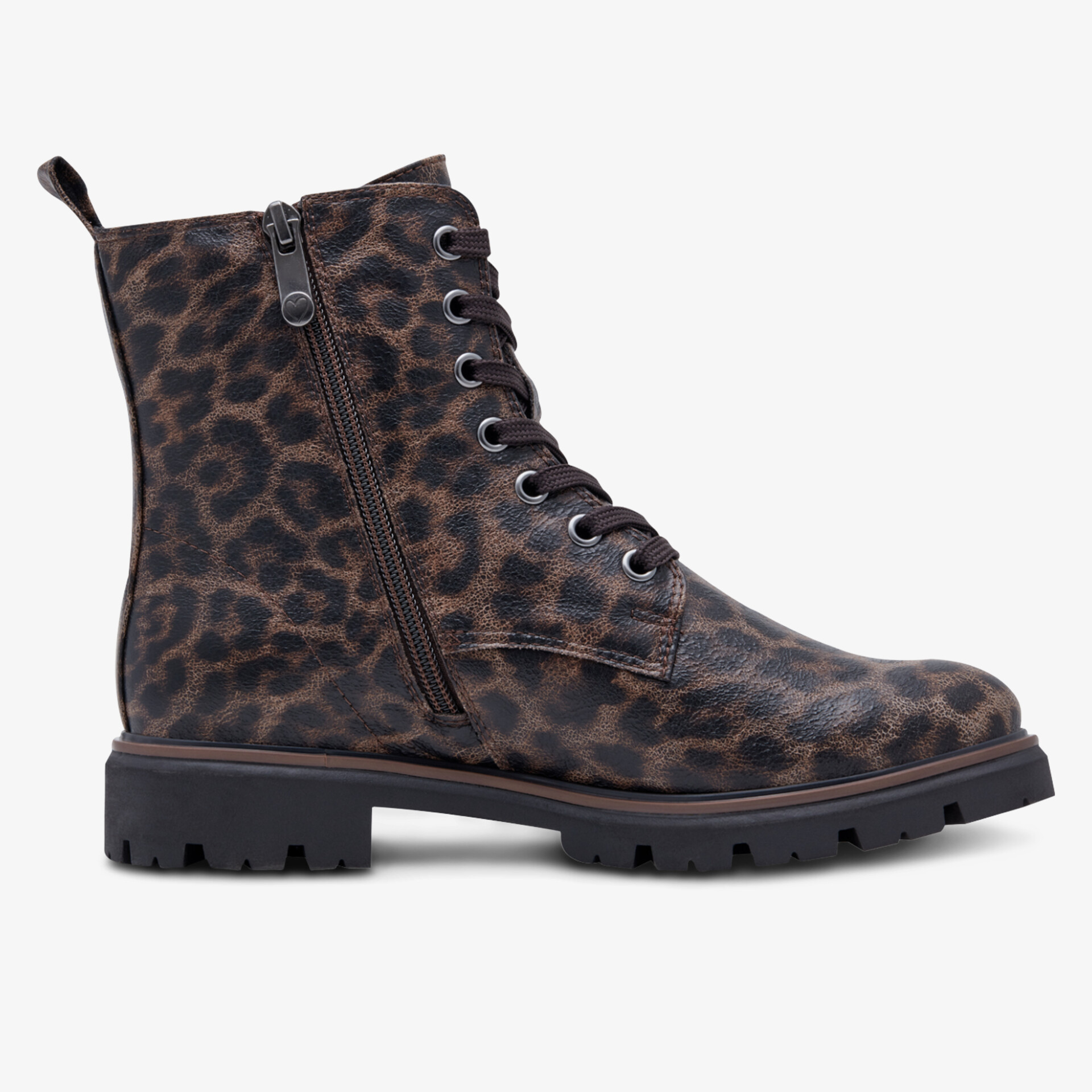 Robuster Lederstiefel mit Leopardenmuster, seitlichem Reißverschluss und Schnürung für modischen Komfort
