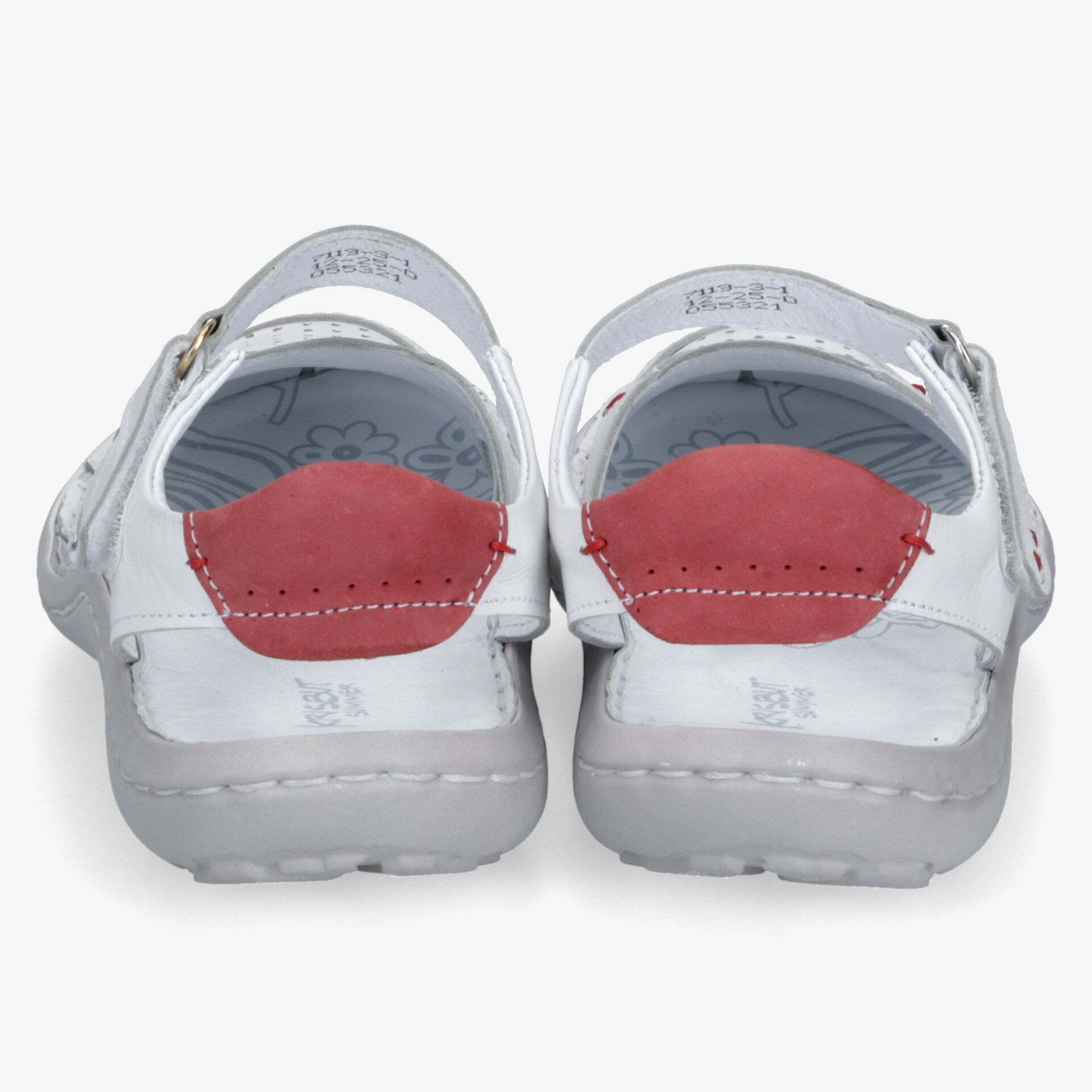 Weiße Sandalen mit verstellbarem Riemen und gepolsterter roter Fersenkappe, rutschfeste flexible Sohlen