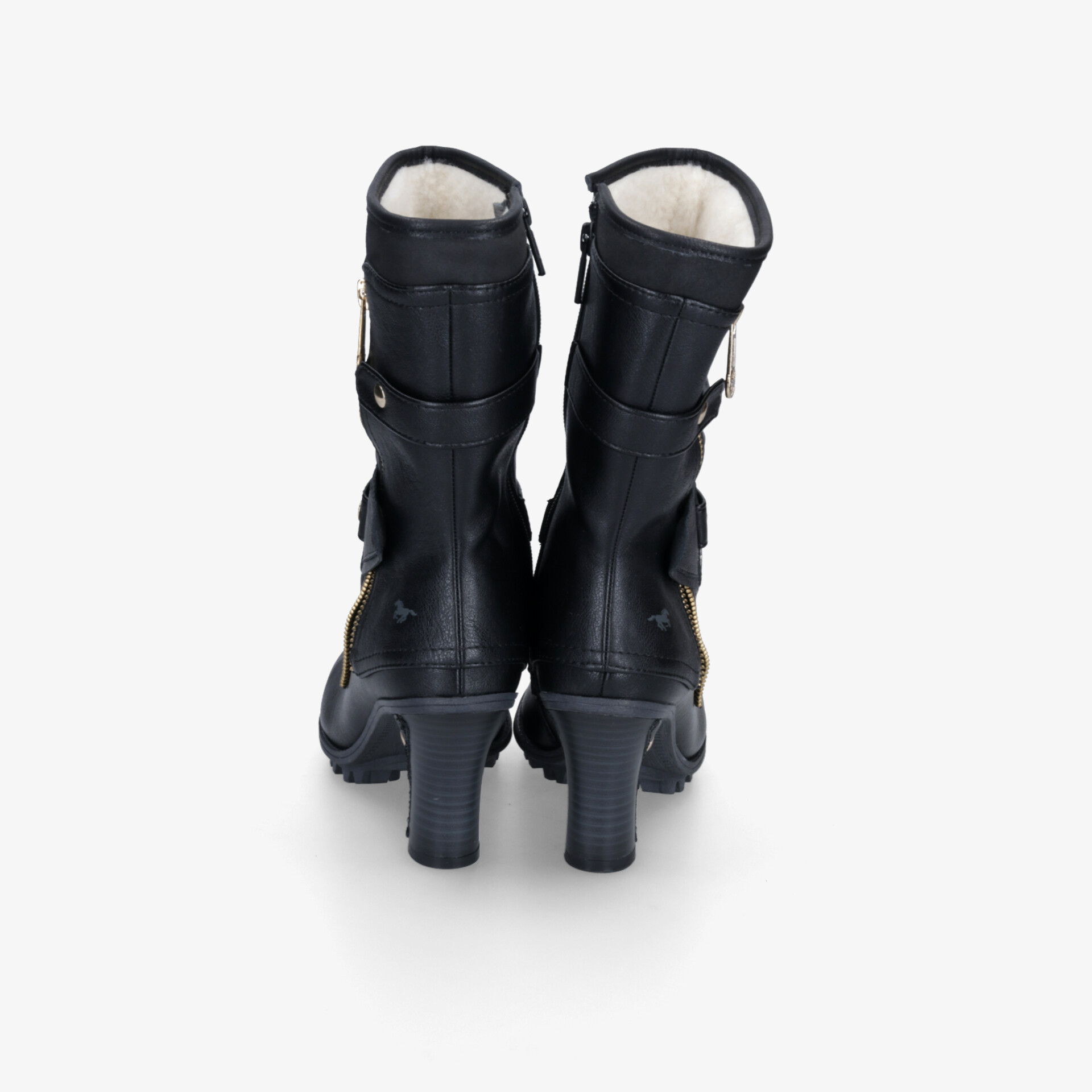 Rückansicht von schwarzen Stiefeln mit Absatz und Reißverschluss, hochwertiges Material und stabiler Halt