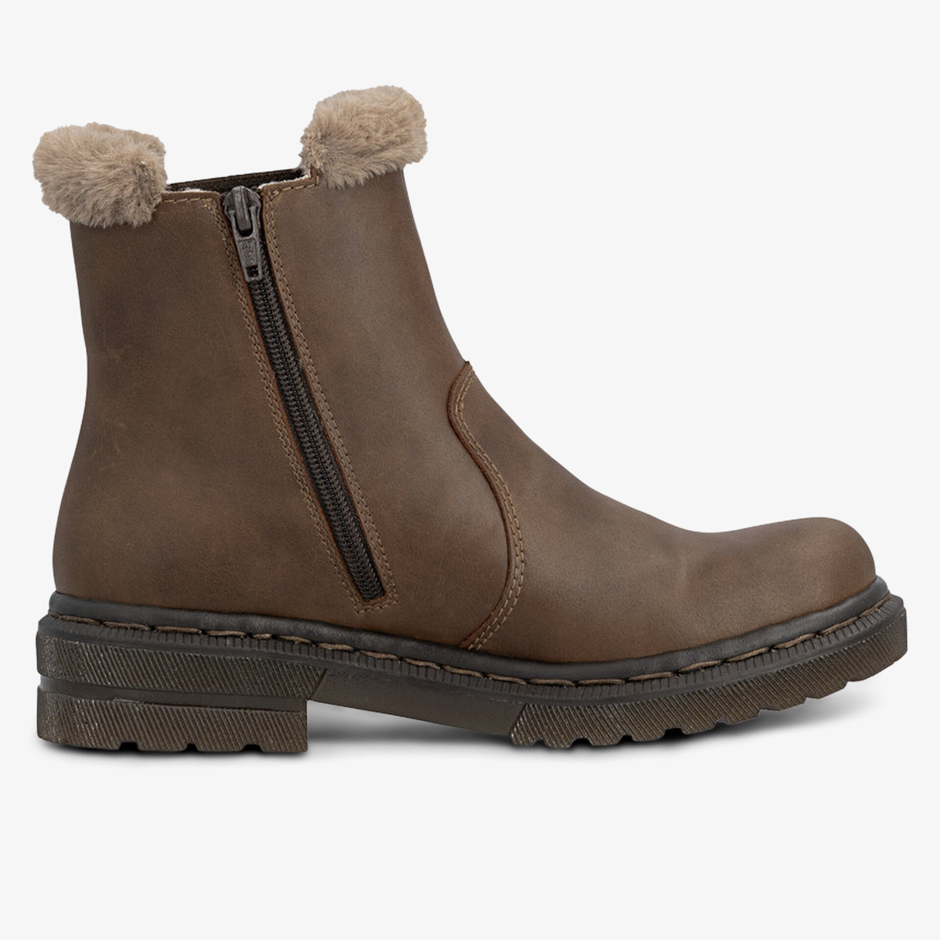 Warmer brauner Lederstiefel mit seitlichem Reißverschluss und gepolstertem Schaft, ideal für kalte Tage