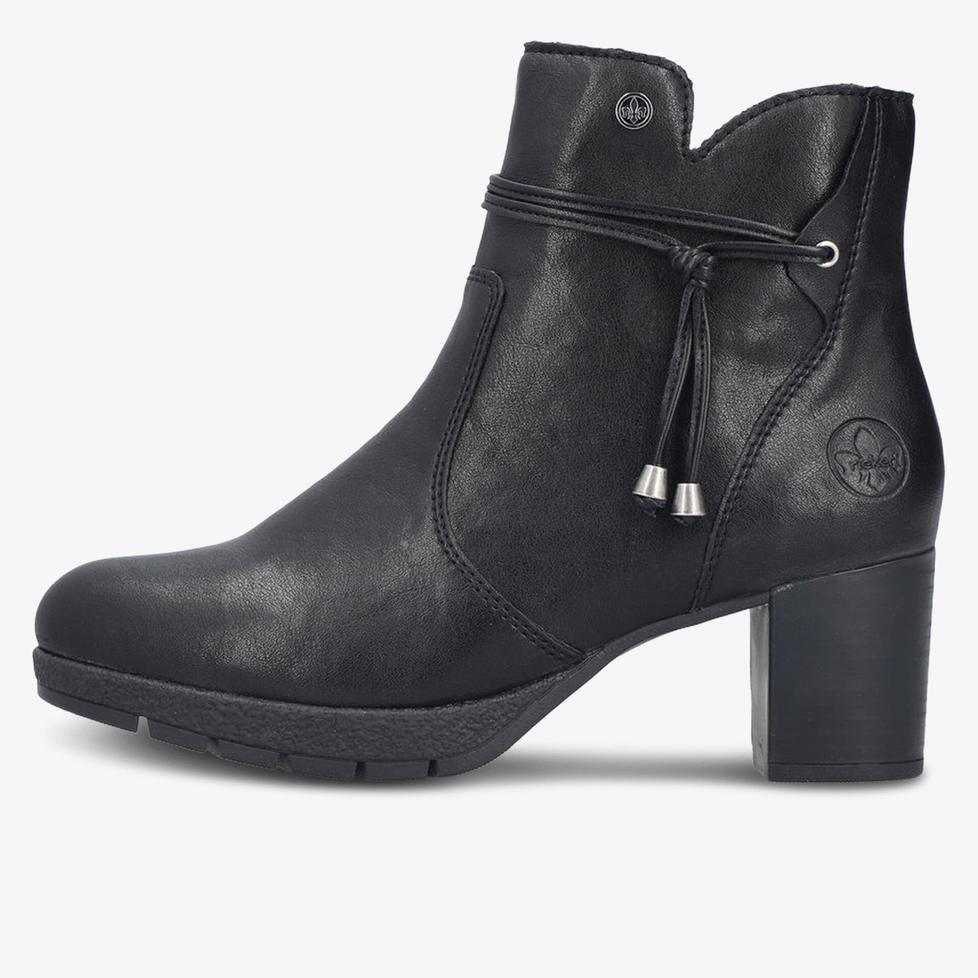 Eleganter schwarzer Leder-Ankle-Boot mit mittelhohem Absatz und dekorativer Schnürung für stilvollen Auftritt