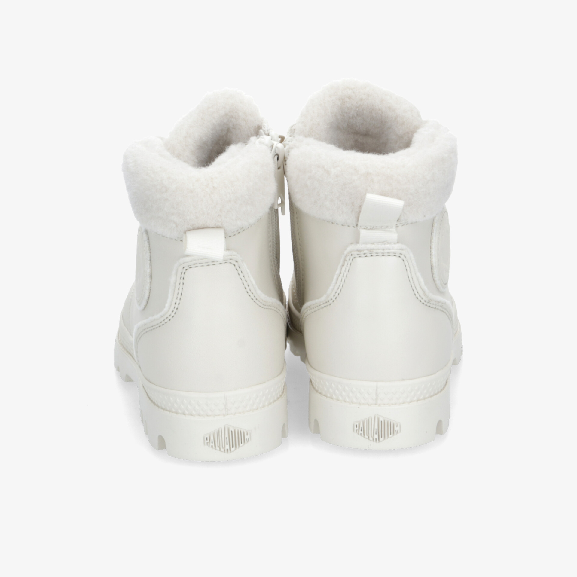 Weiße Winterstiefel mit warmem Futter, seitlichem Reißverschluss und robustem Absatz, Rückansicht