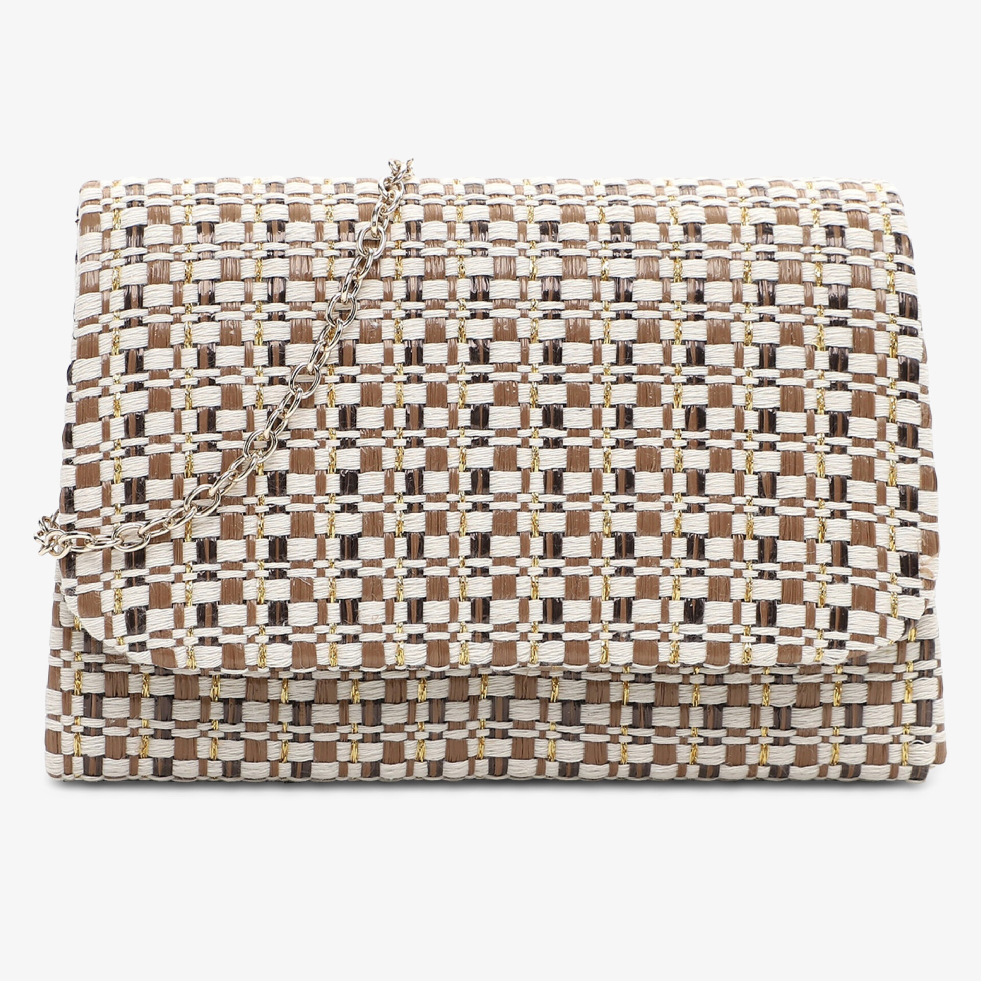 Elegante Tasche mit geflochtenem Design und Kettendetail, ideal für moderne Outfits.