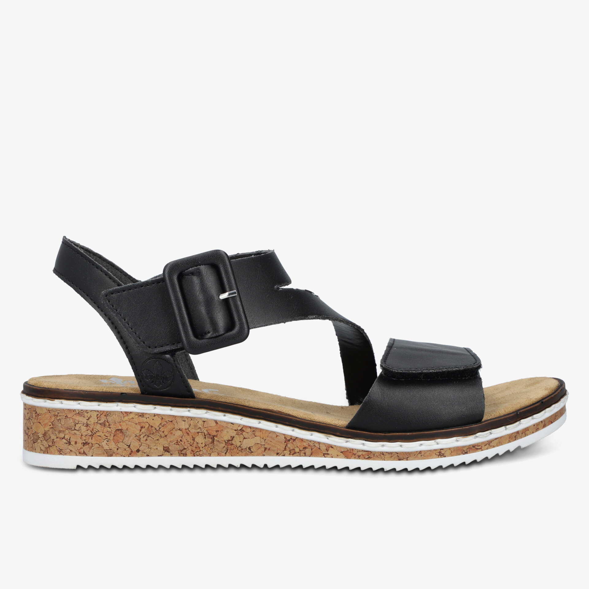 Leichte schwarze Sandale mit verstellbarem Riemen und modischem Keilabsatz für hohen Tragekomfort