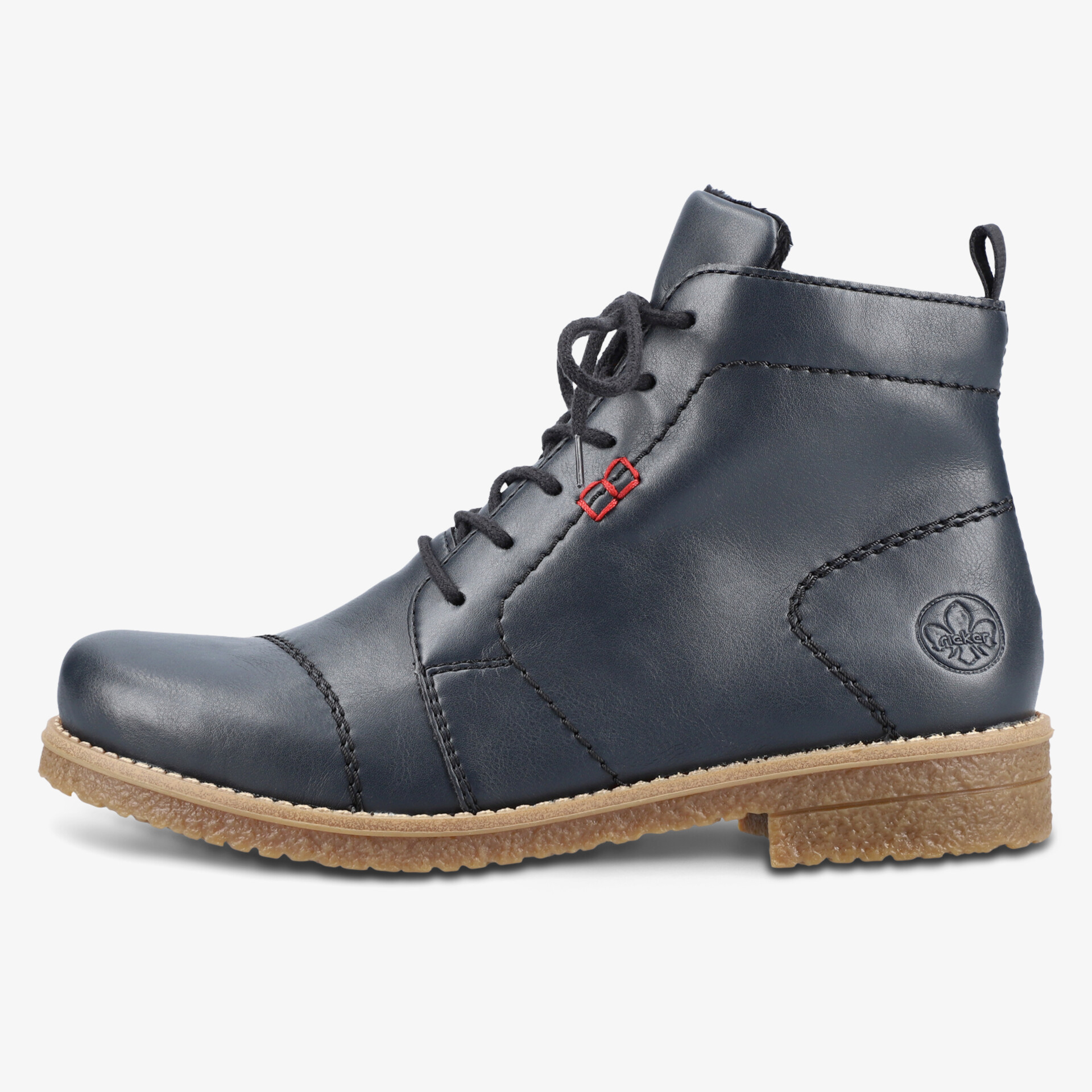 Elegante schwarze Lederstiefelette mit Schnürung und robuster brauner Sohle, seitliche Ansicht