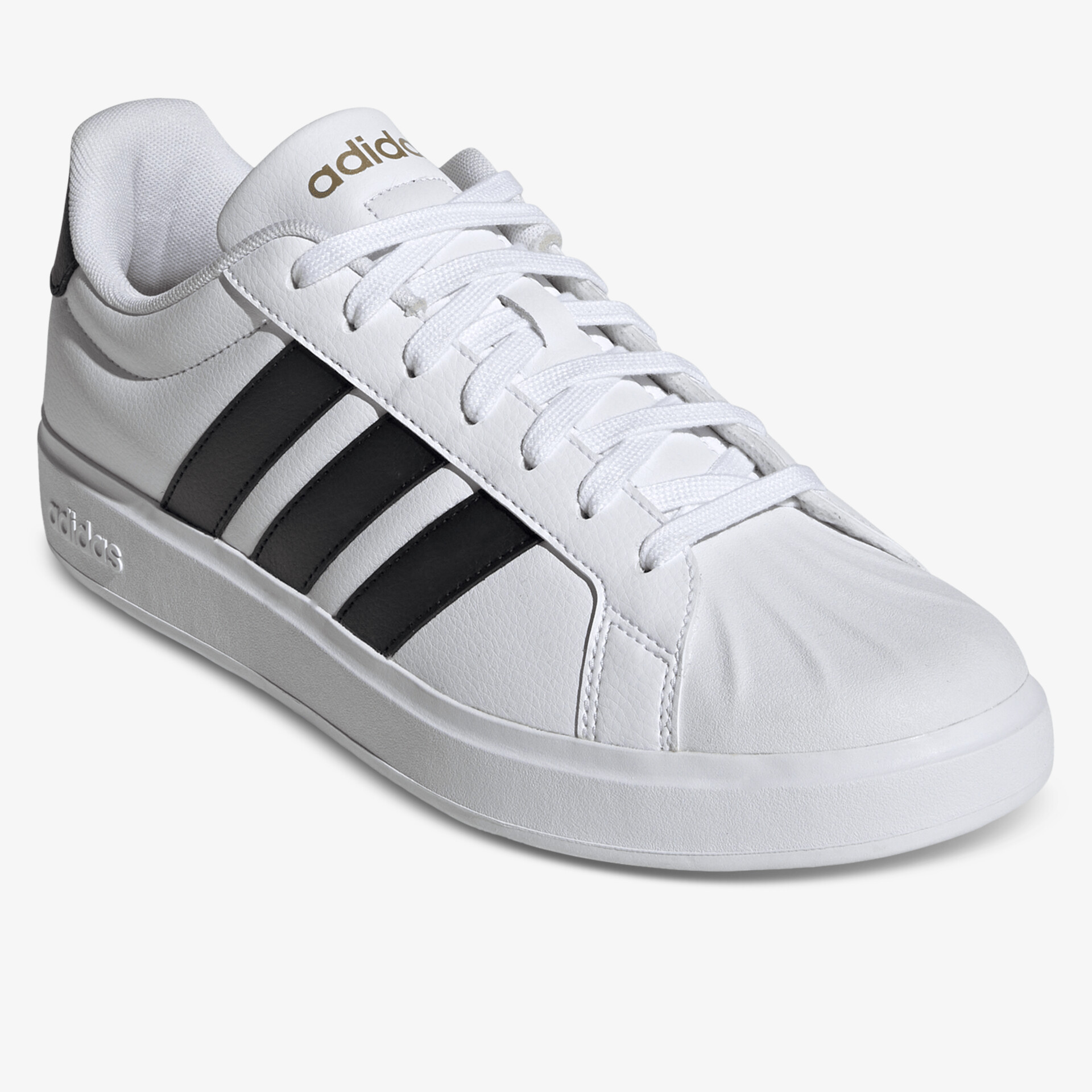 Moderner weißer Sneaker mit markanten schwarzen Streifen und robuster Sohle, ideal für Alltag und Freizeit