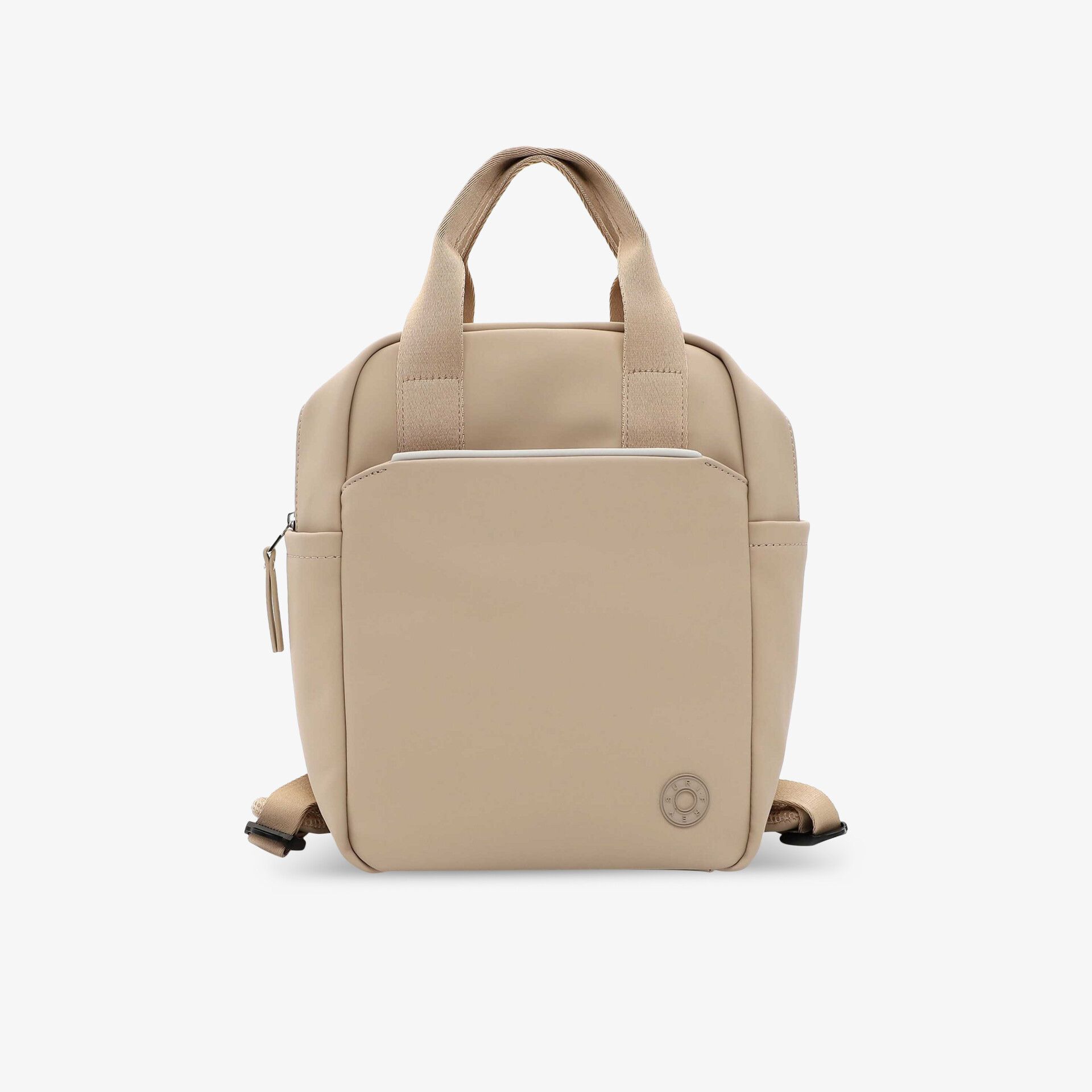 Beiger Rucksack mit stabilem Material, geräumigem Hauptfach und praktischer Fronttasche, moderne und funktionale Optik