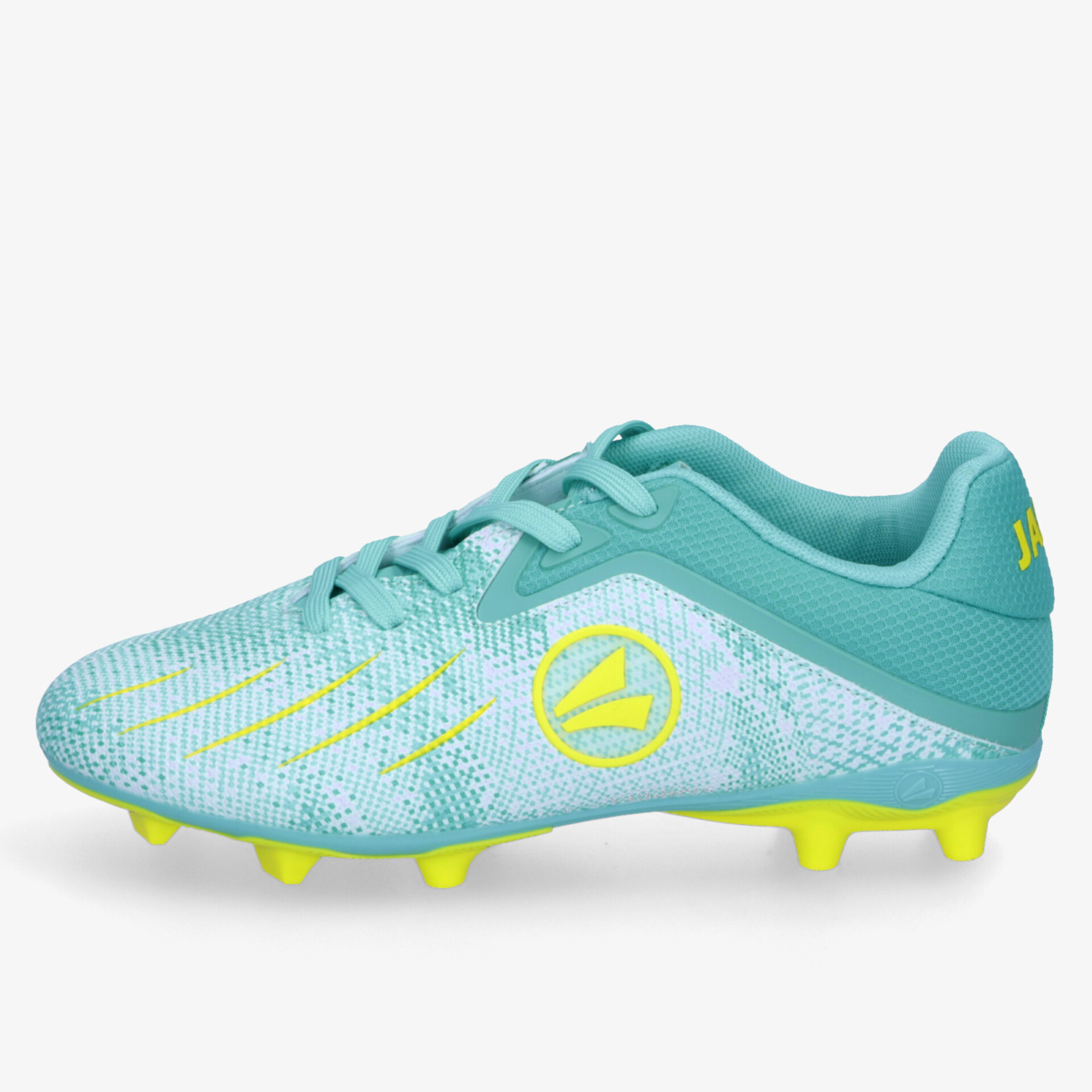 Leichter, atmungsaktiver Fußballschuh in Türkis mit gelben Noppen und dynamischem Design, ideal für optimalen Halt