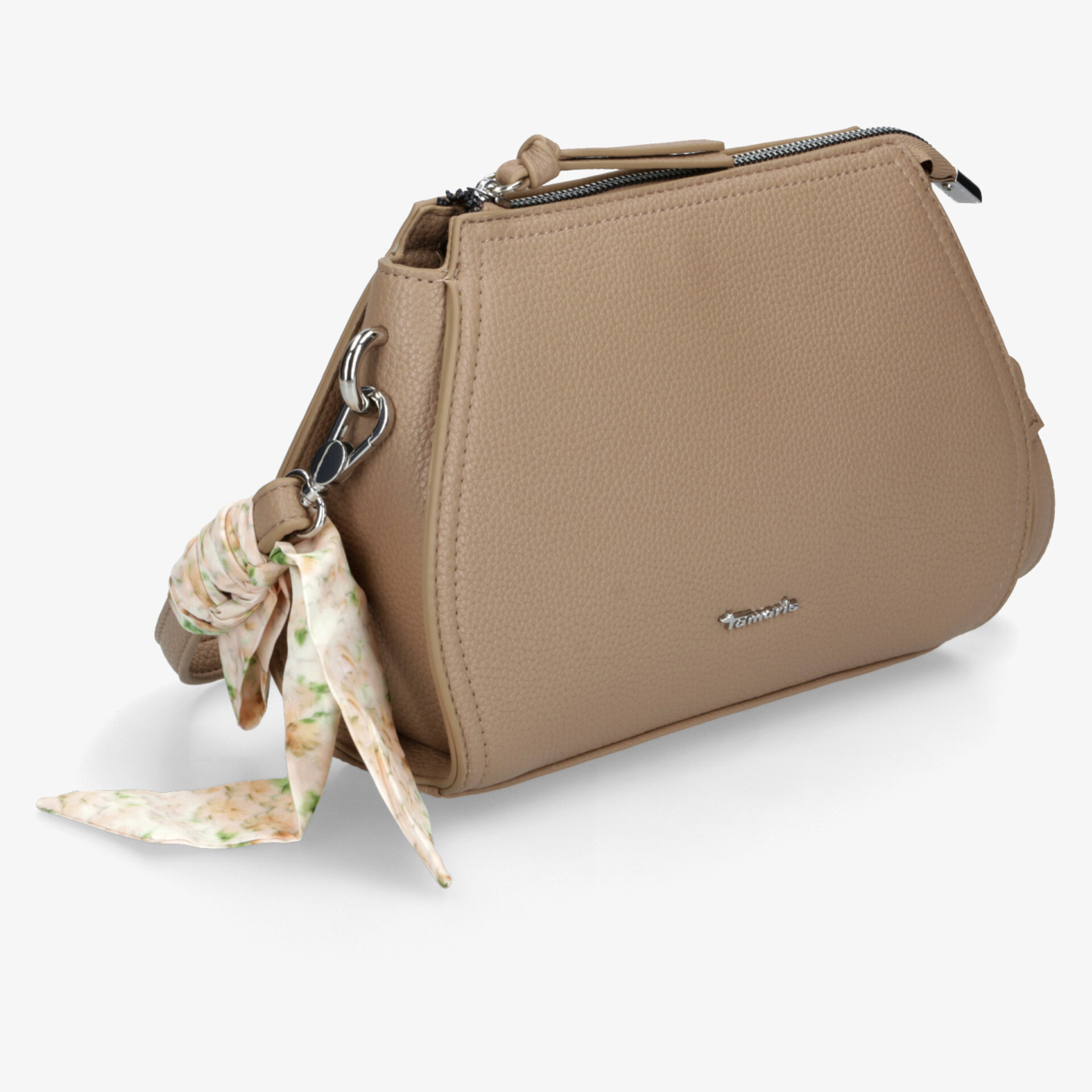 Elegante beige Tasche mit dekorativem Tuchanhänger und praktischem Reißverschluss