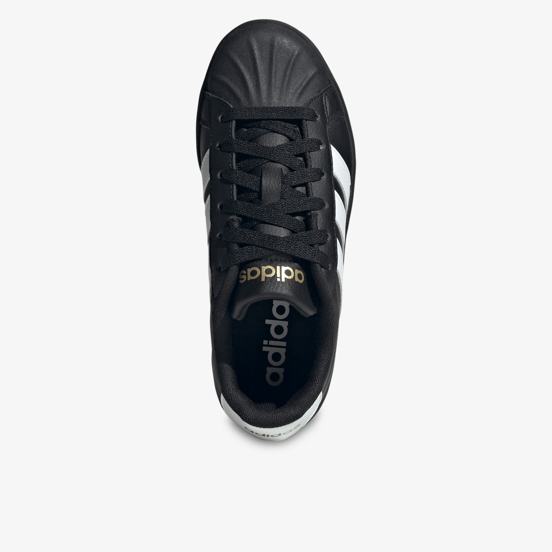 Obere Draufsicht auf schwarzen adidas Sneaker mit sportlichem Design und langlebiger Verarbeitung