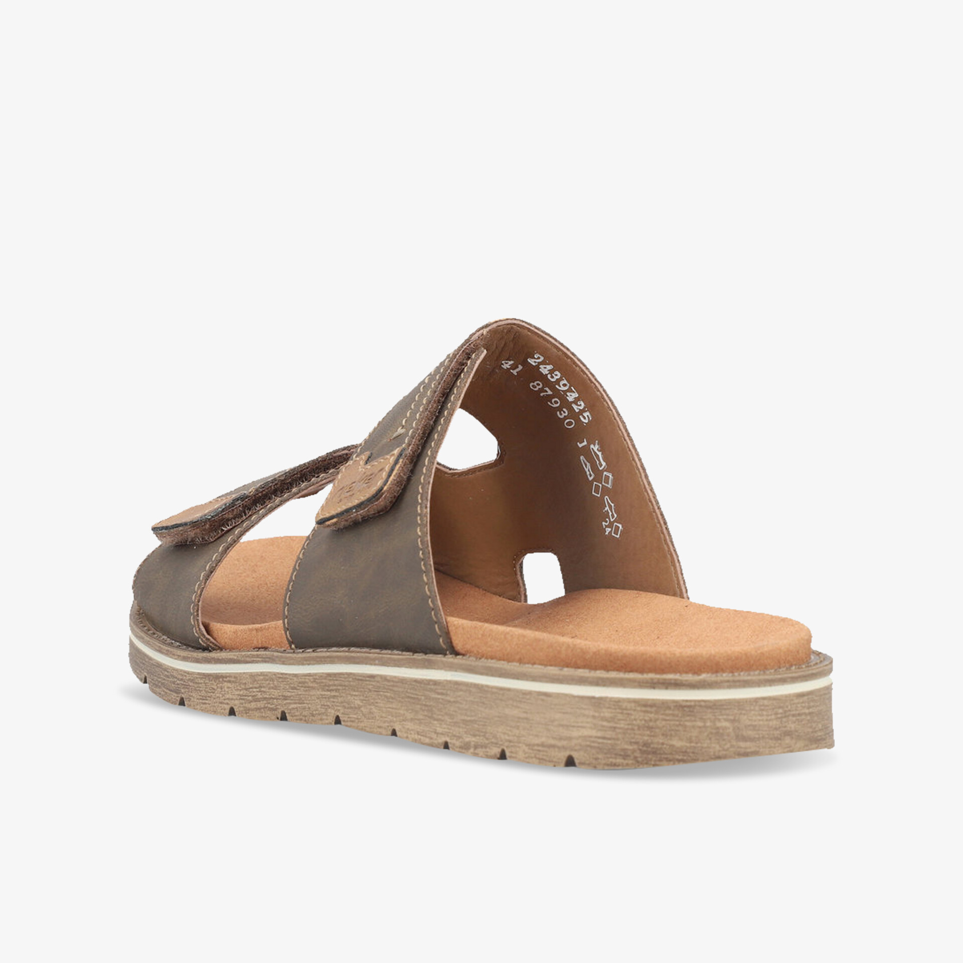 Seitenansicht einer bequemen braunen Sandale mit verstellbarem Klettverschluss und gedämpfter, leichter Sohle