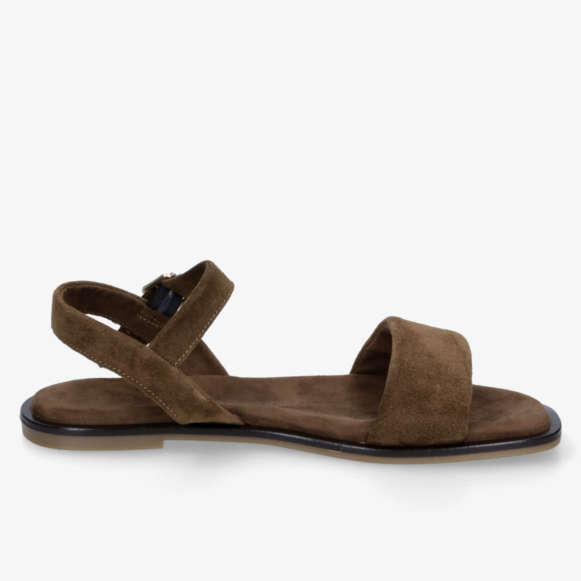 Elegante braune Veloursleder-Sandale mit verstellbarem Riemen und komfortabler flacher Sohle, seitliche Ansicht