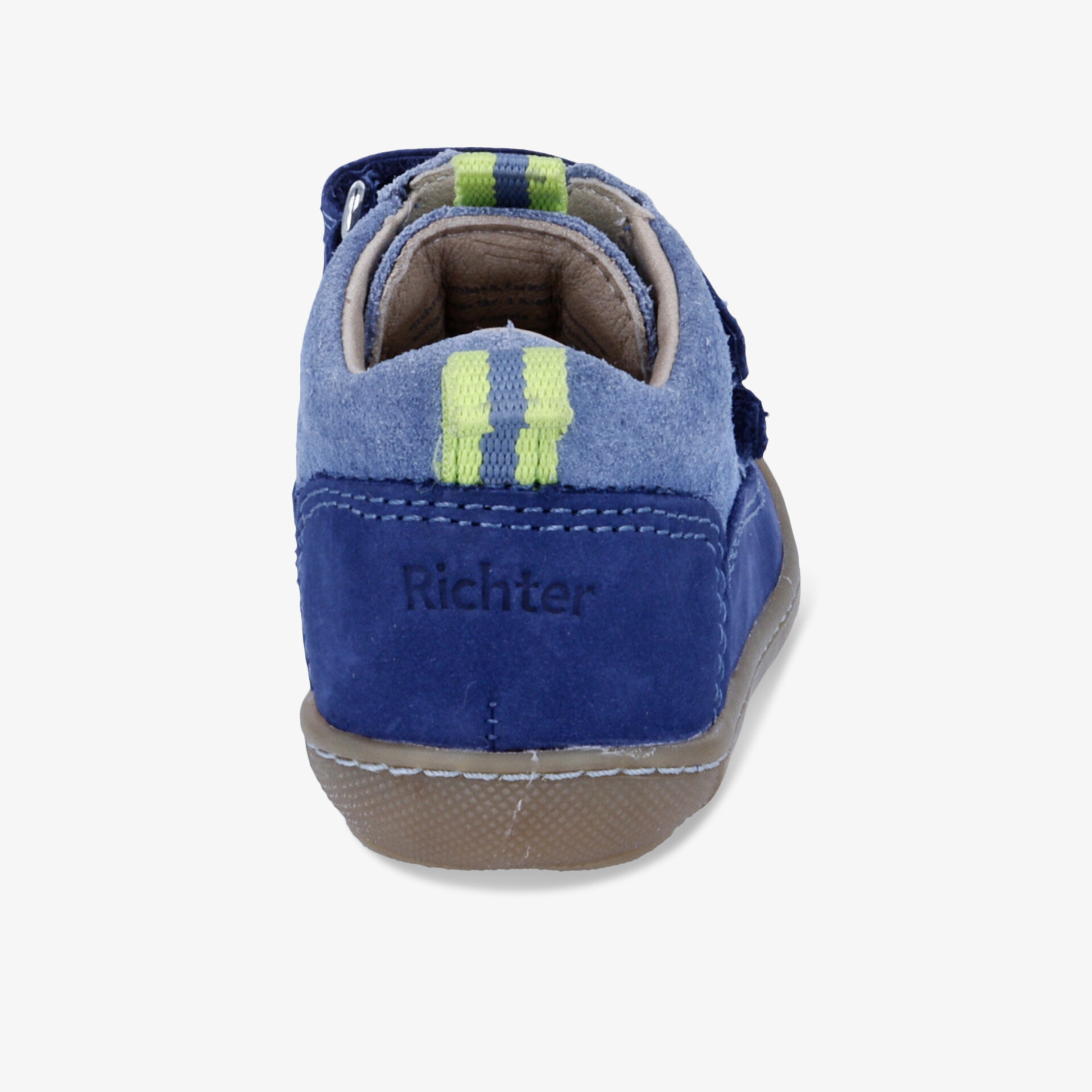 Robuster blauer Kinderschuh hinten mit bequemer Passform und rutschfester Sohle, ideal für den Alltag