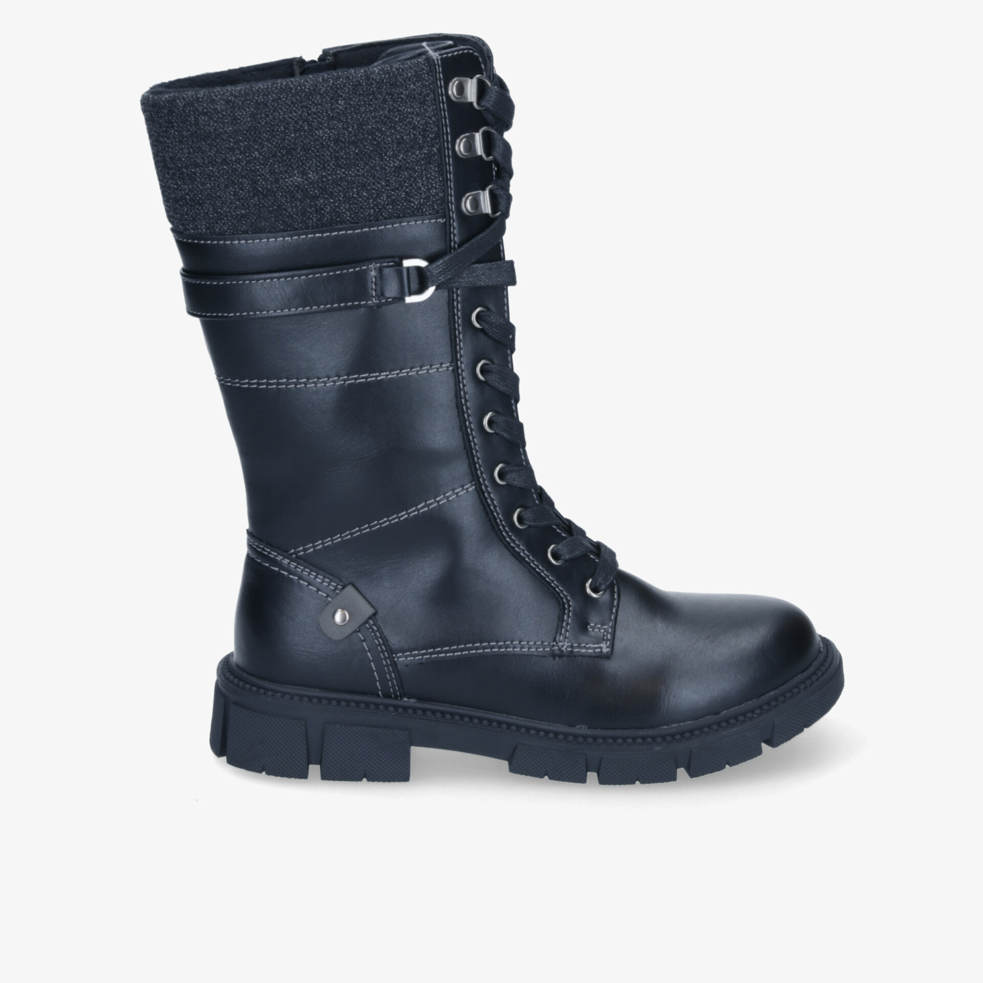 Robuster schwarzer Kampfstiefel mit hohem Schaft und gepolstertem Bund, rutschfeste Sohle für optimalen Halt