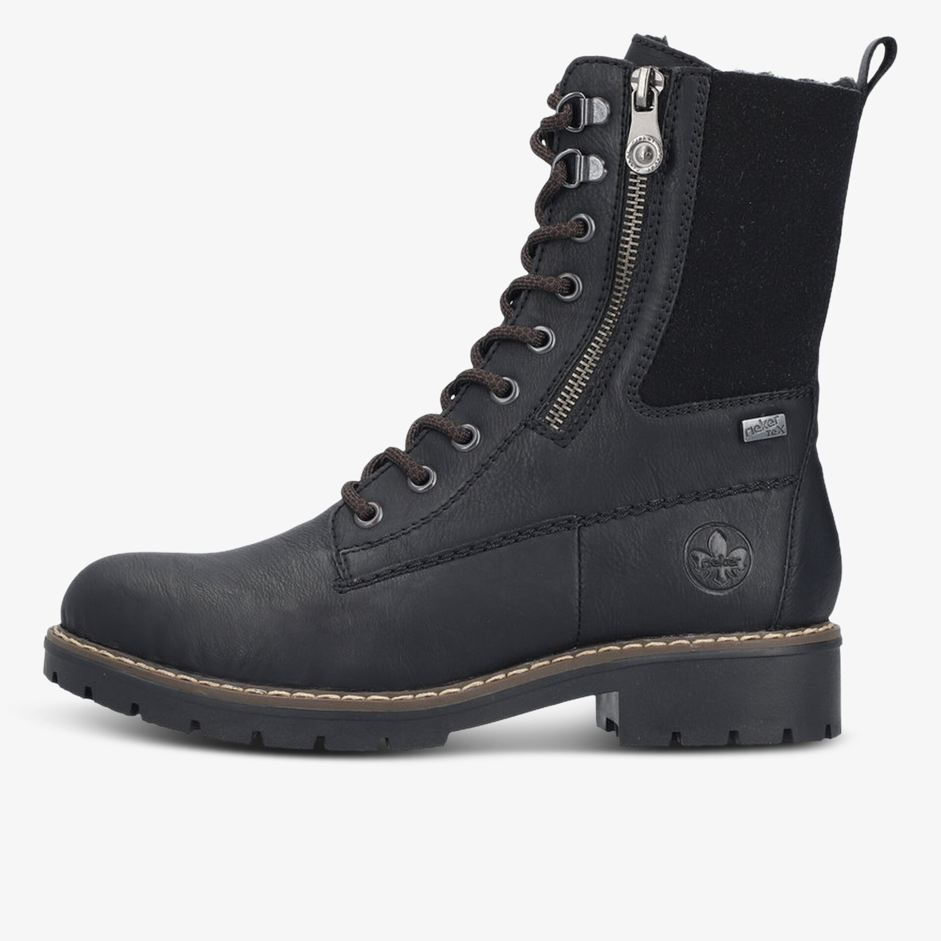 Robuster schwarzer Stiefel mit hohem Schaft, Reißverschluss und Schnürung, profilierte Sohle für guten Halt