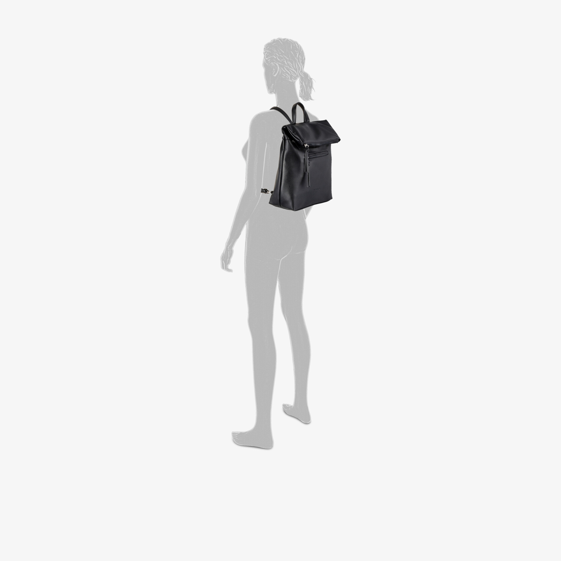 Schwarzer Rucksack mit Klappe und Tragegriff, ideal für den täglichen Gebrauch.