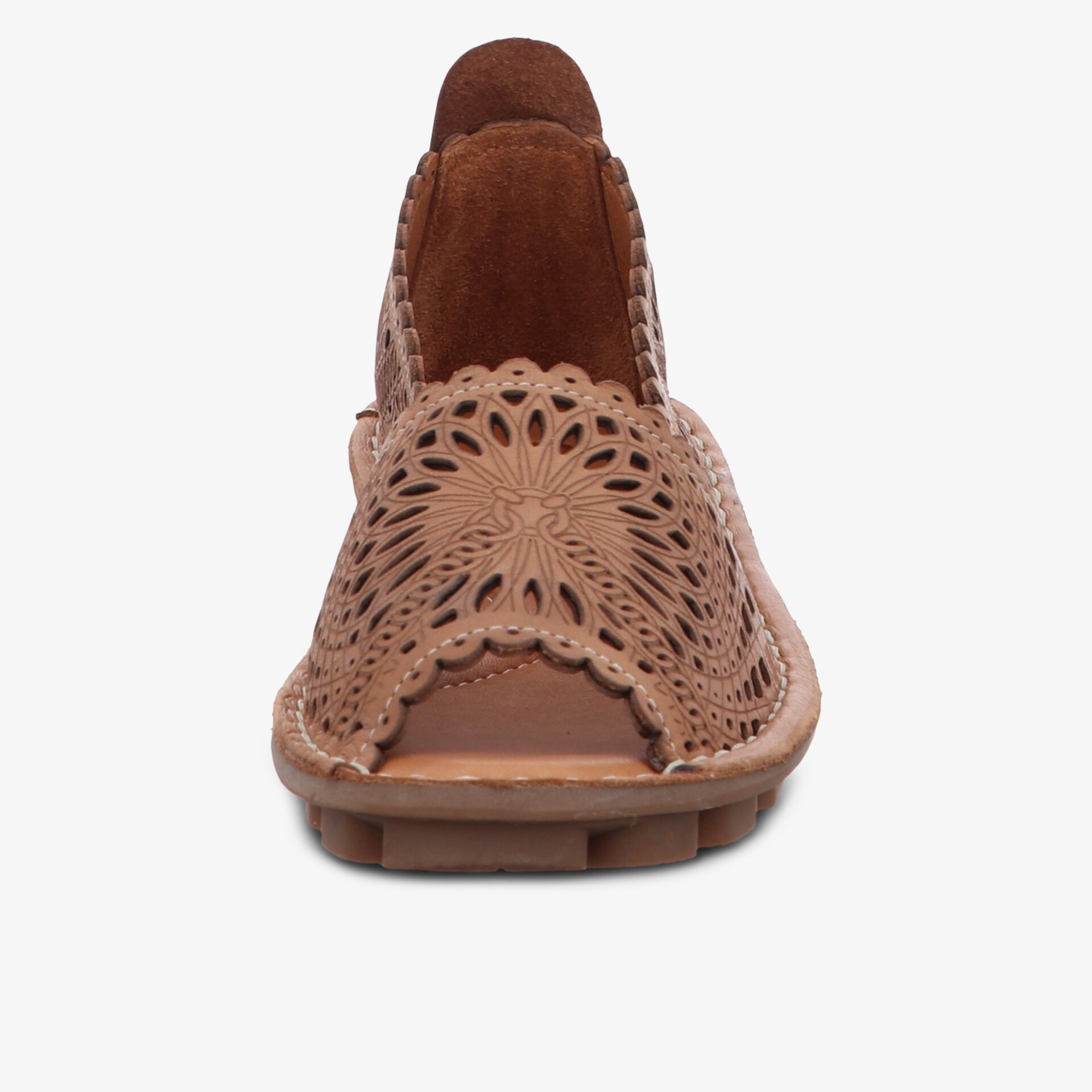 Elegante braune Sandale mit perforiertem Design und rutschfester Sohle.