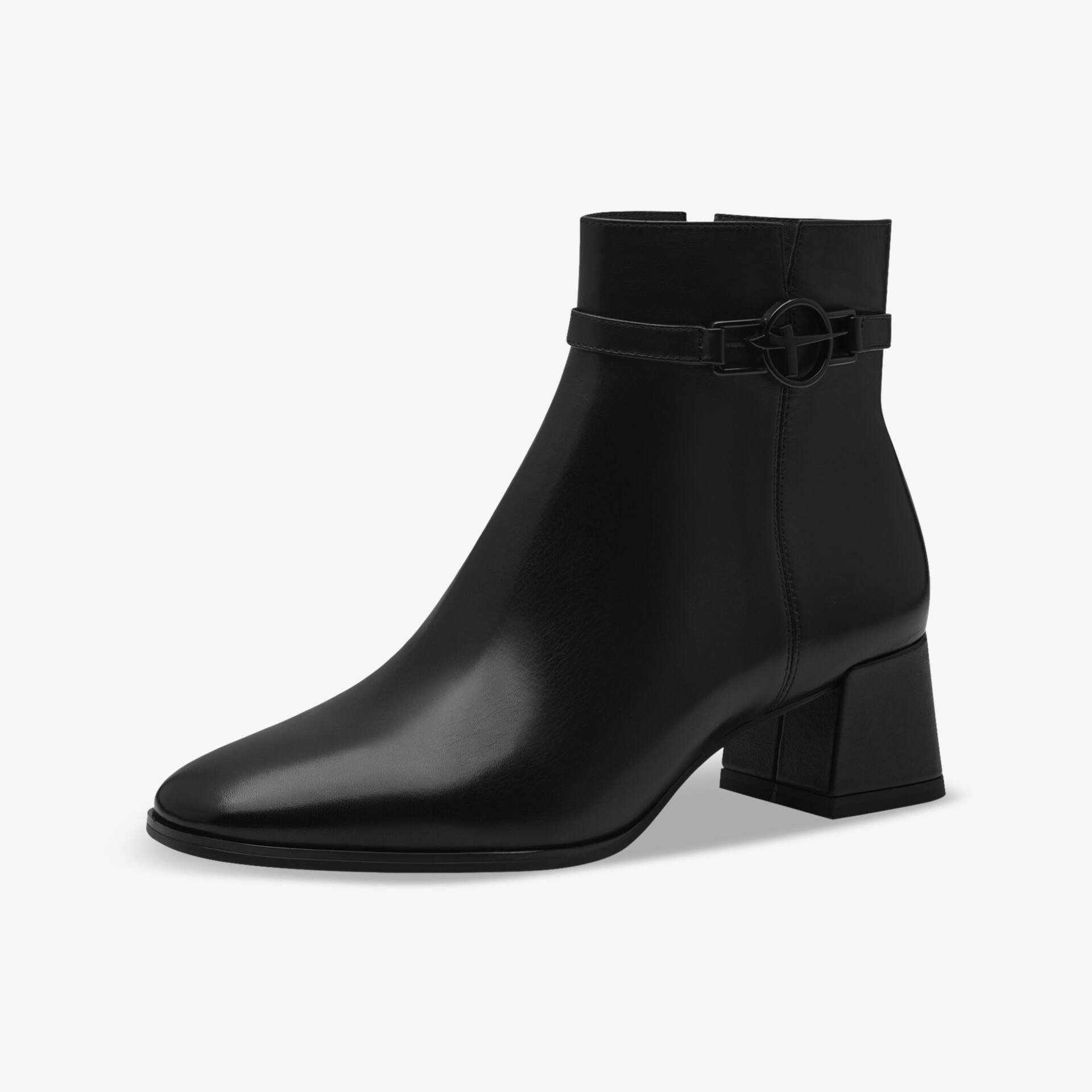 Elegante schwarze Stiefelette aus glattem Leder mit mittelhohem Absatz und seitlichem Schnallenverschluss, klare Frontansicht