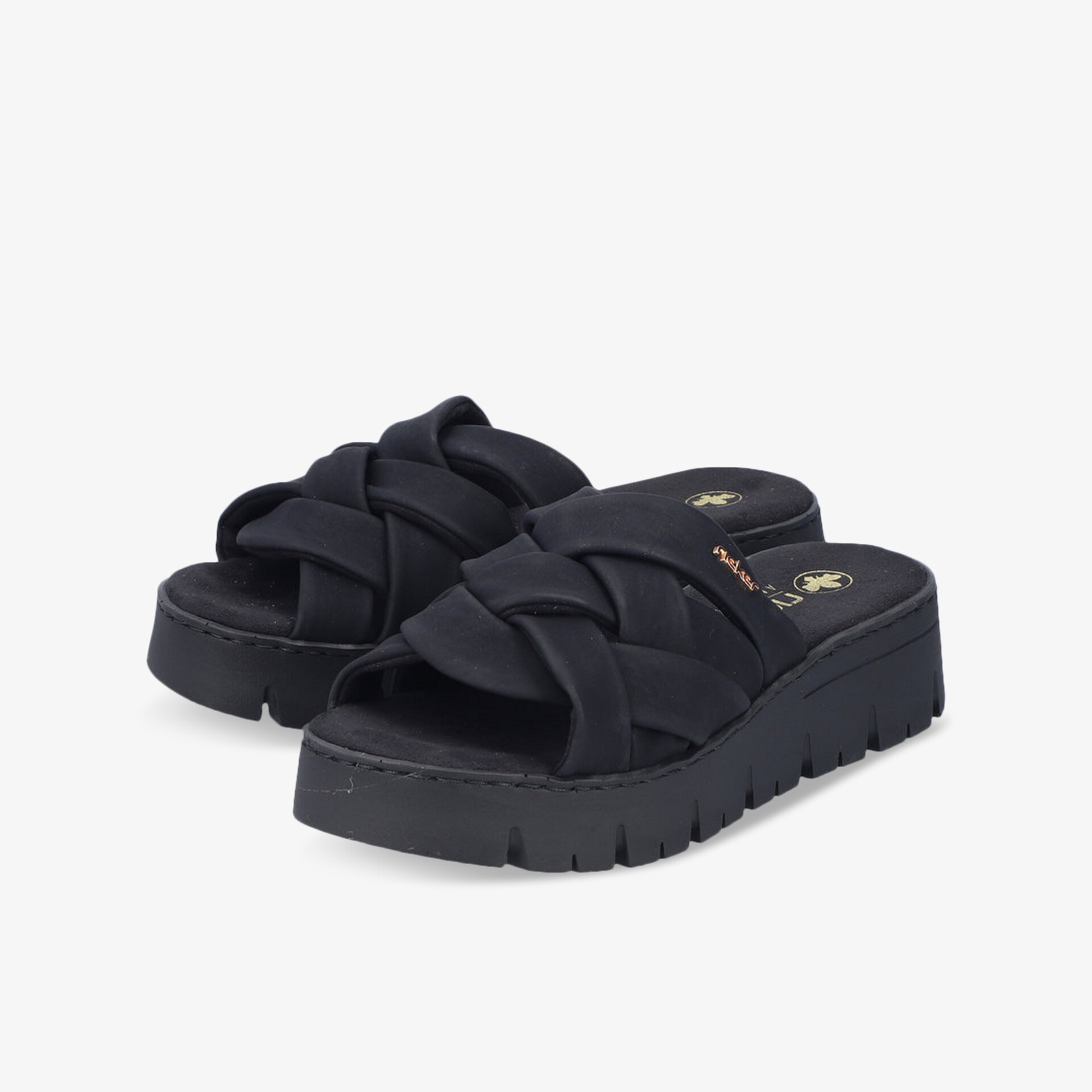 Schwarze Plateausandalen mit geflochtenem Riemen und dicker profilierter Sohle, bequem und stylisch