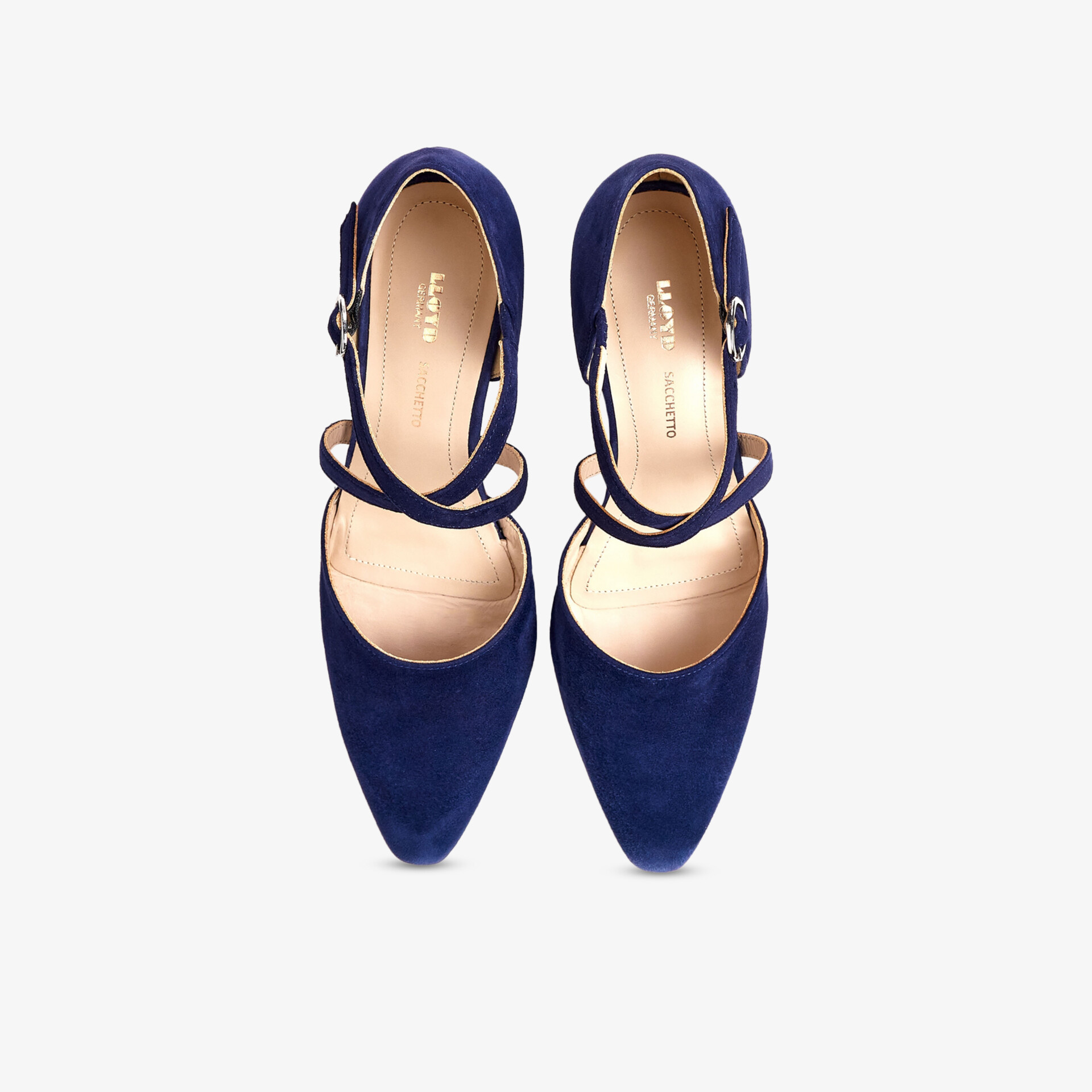 Elegante blaue Samtschuhe mit stilvollen Riemen und spitzem Design, ideal für besondere Anlässe.