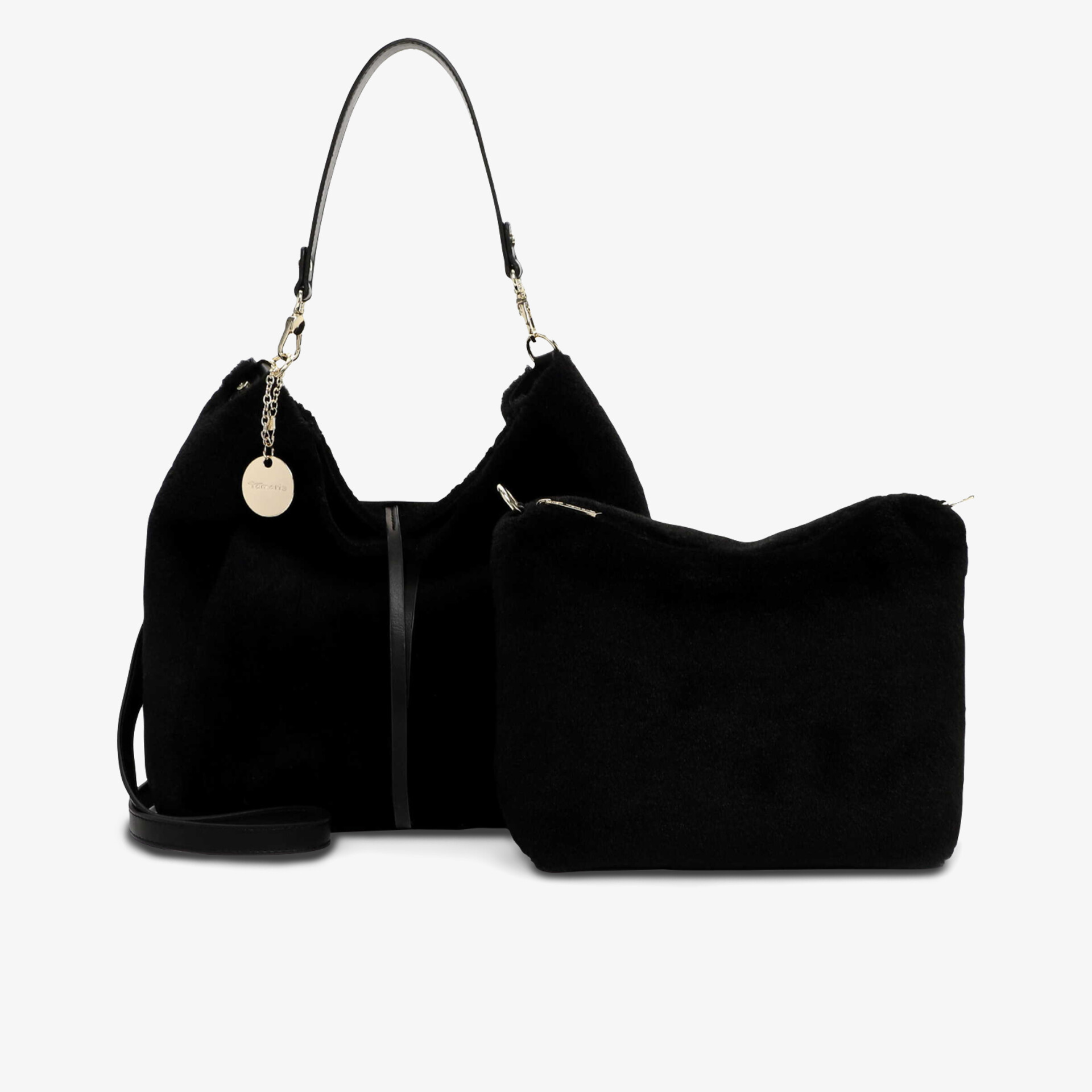 Schwarze stilvolle Tasche mit abnehmbarem Täschchen aus weichem Material für vielseitigen Einsatz