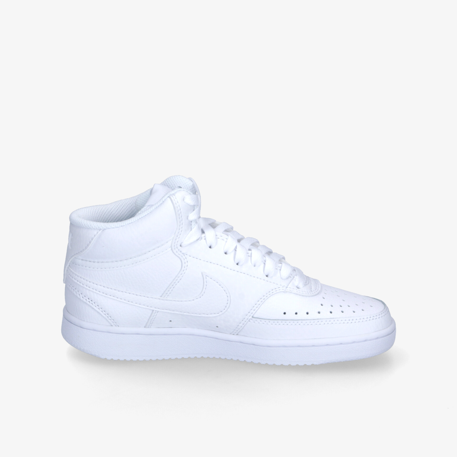 Weißer, hochwertiger Sneaker mit hohem Schaft und klassischem Design, seitliche Ansicht, bequem und sportlich