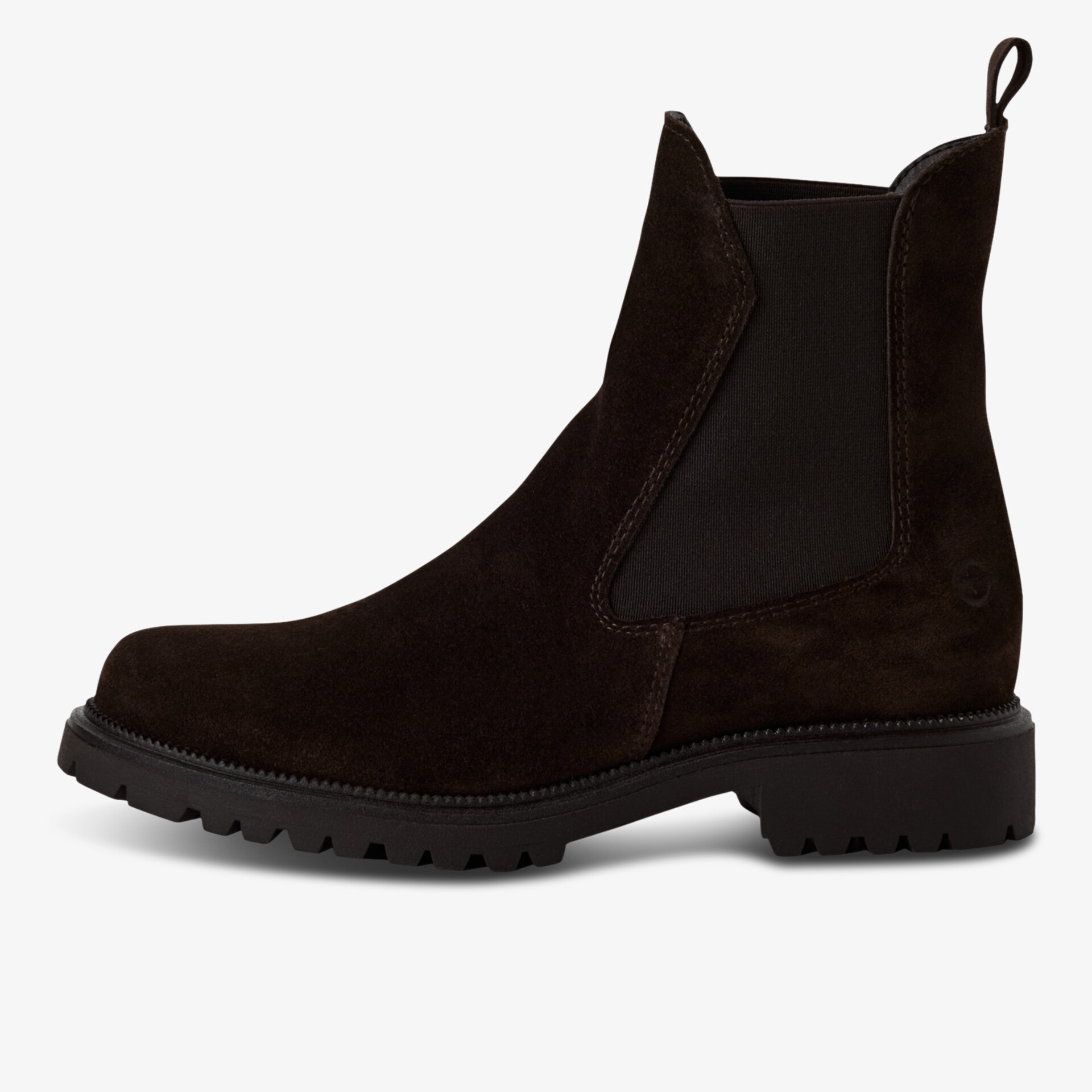 Schwarzer Chelsea-Boot aus Veloursleder mit elastischen Einsätzen und robuster Profilsohle, seitliche Ansicht