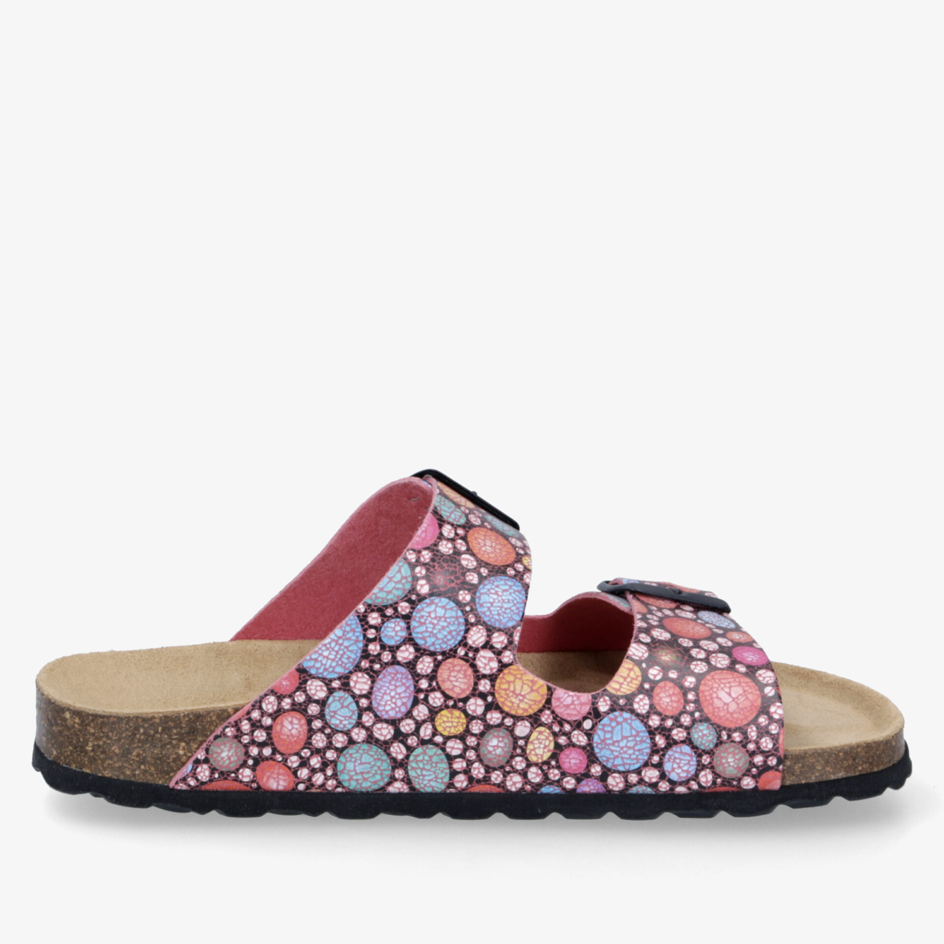 Komfortabler bunter Hausschuh mit verstellbarem Riemen und weicher, rutschfester Sohle für langanhaltenden Tragekomfort