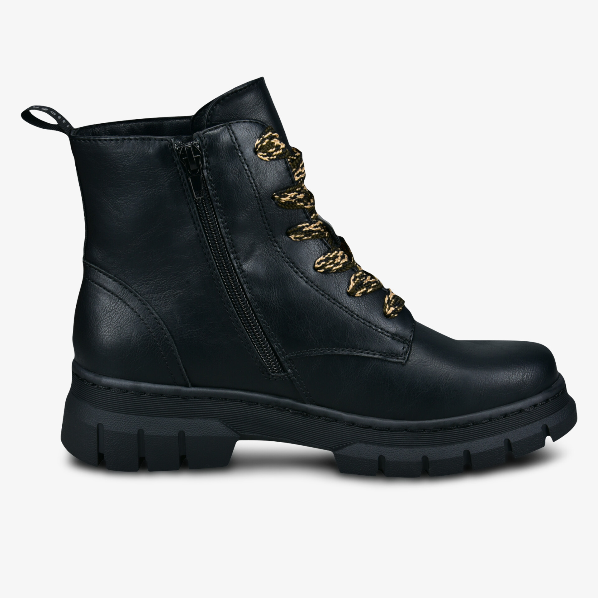 Schwarzer robuster Lederstiefel mit seitlichem Reißverschluss und profilierter Sohle, komfortabel und modisch