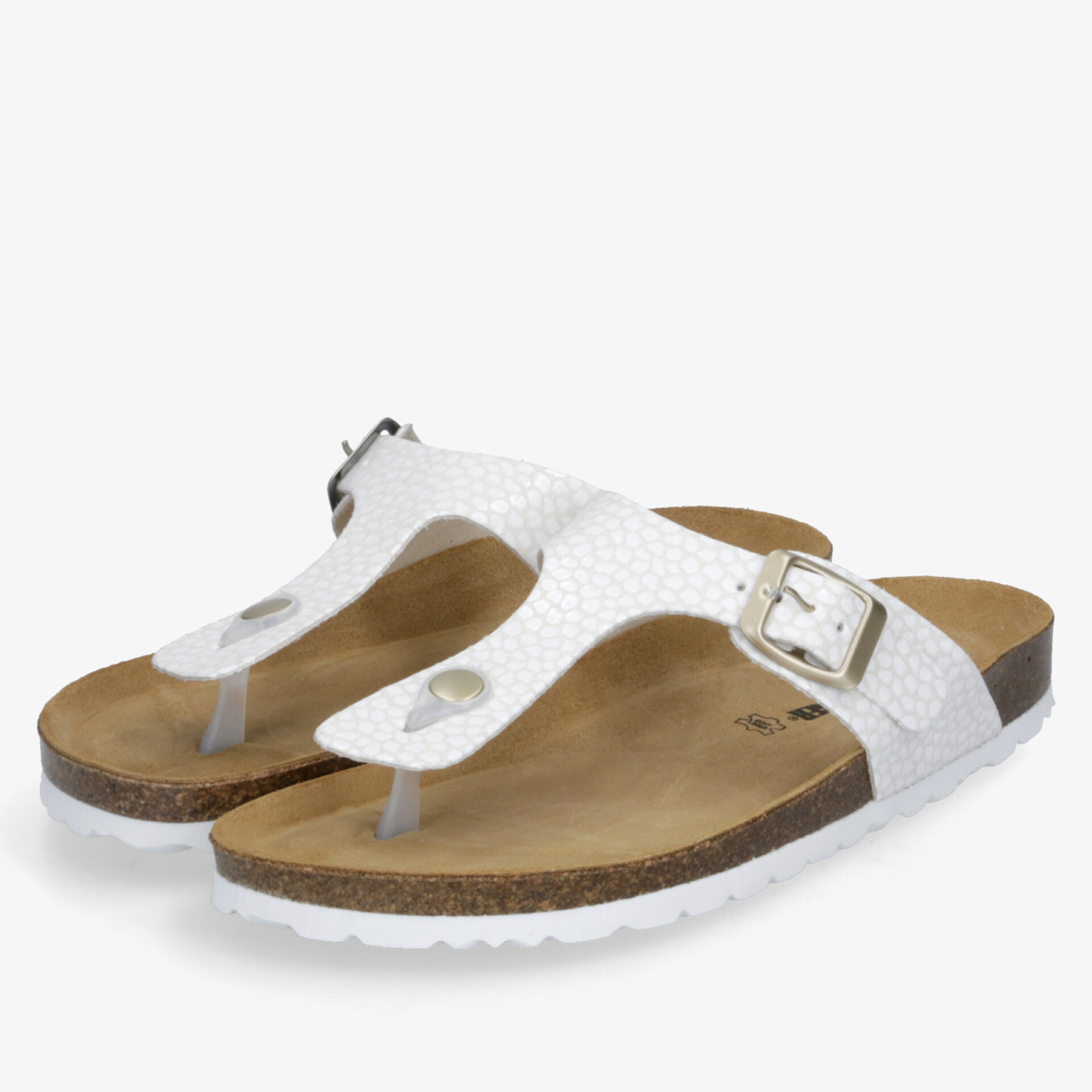 Bequeme weiße Zehentrenner Sandale mit verstellbarer Schnalle und ergonomischem Fußbett